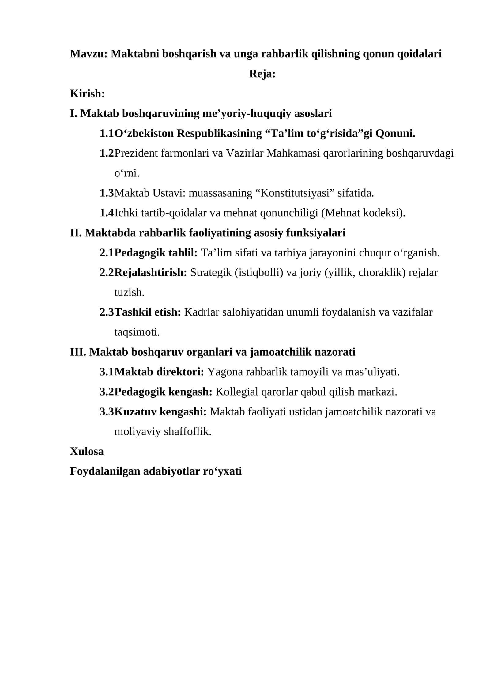 Maktabni boshqarish va unga rahbarlik qilishning qonun qoidalari