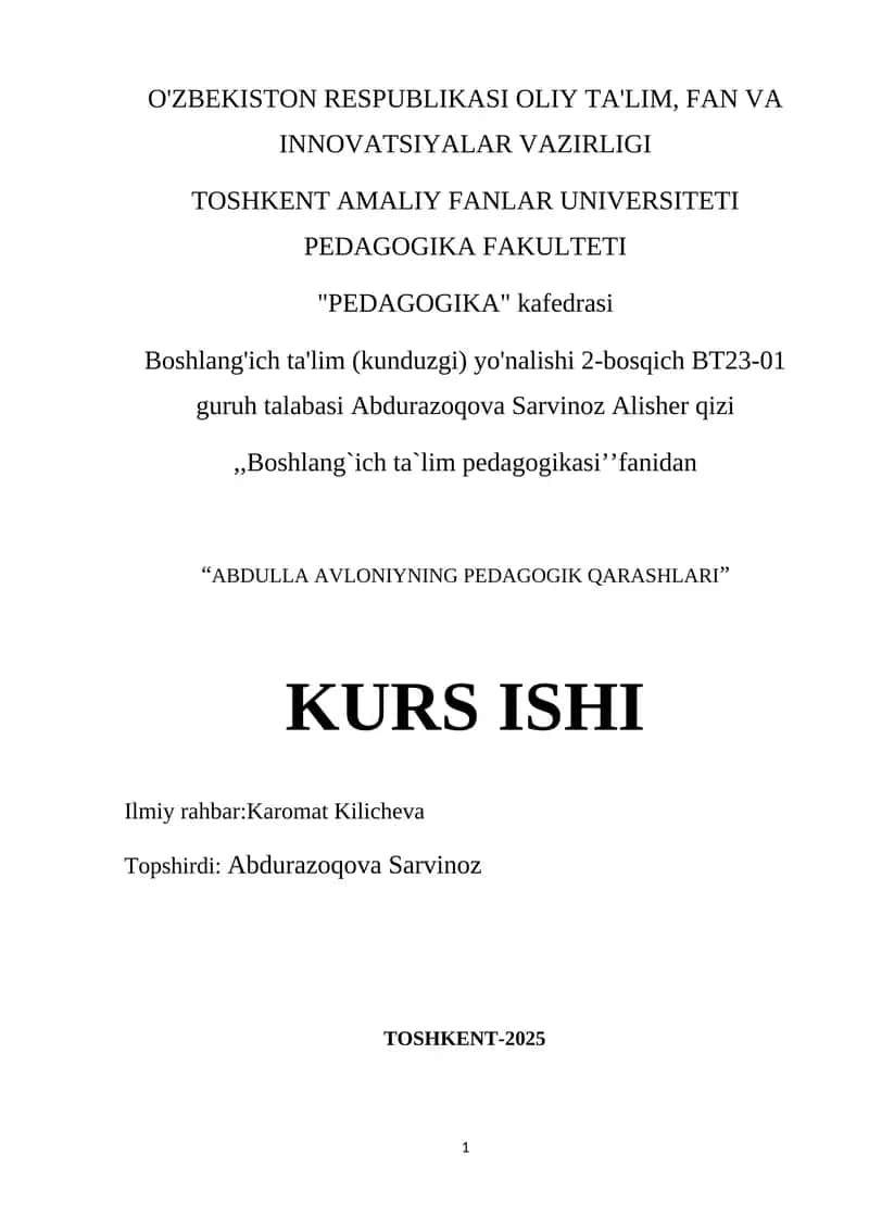 ABDULLA AVLONIYNING PEDAGOGIK QARASHLARI