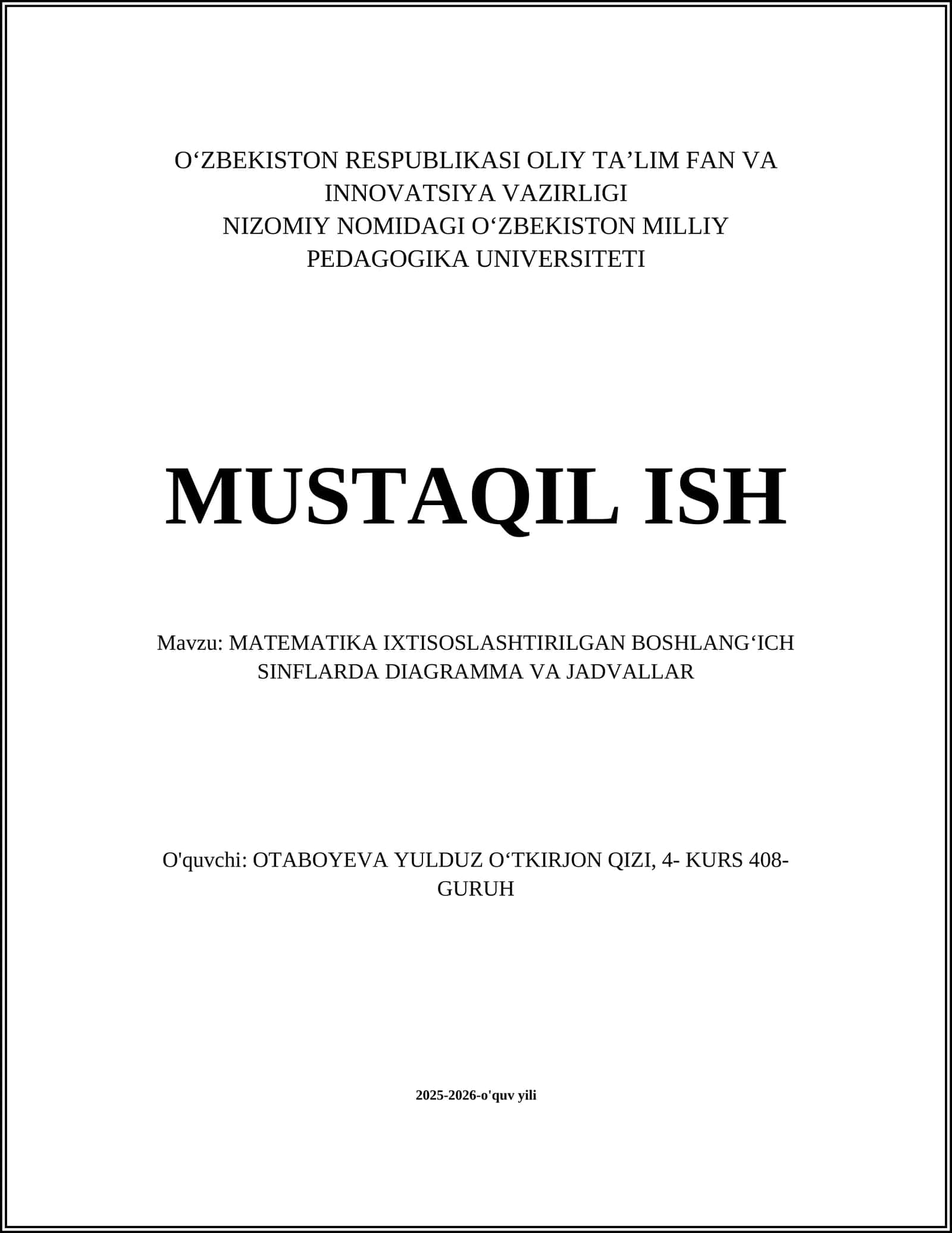 MATEMATIKA IXTISOSLASHTIRILGAN BOSHLANGʻICH SINFLARDA DIAGRAMMA VA JADVALLAR