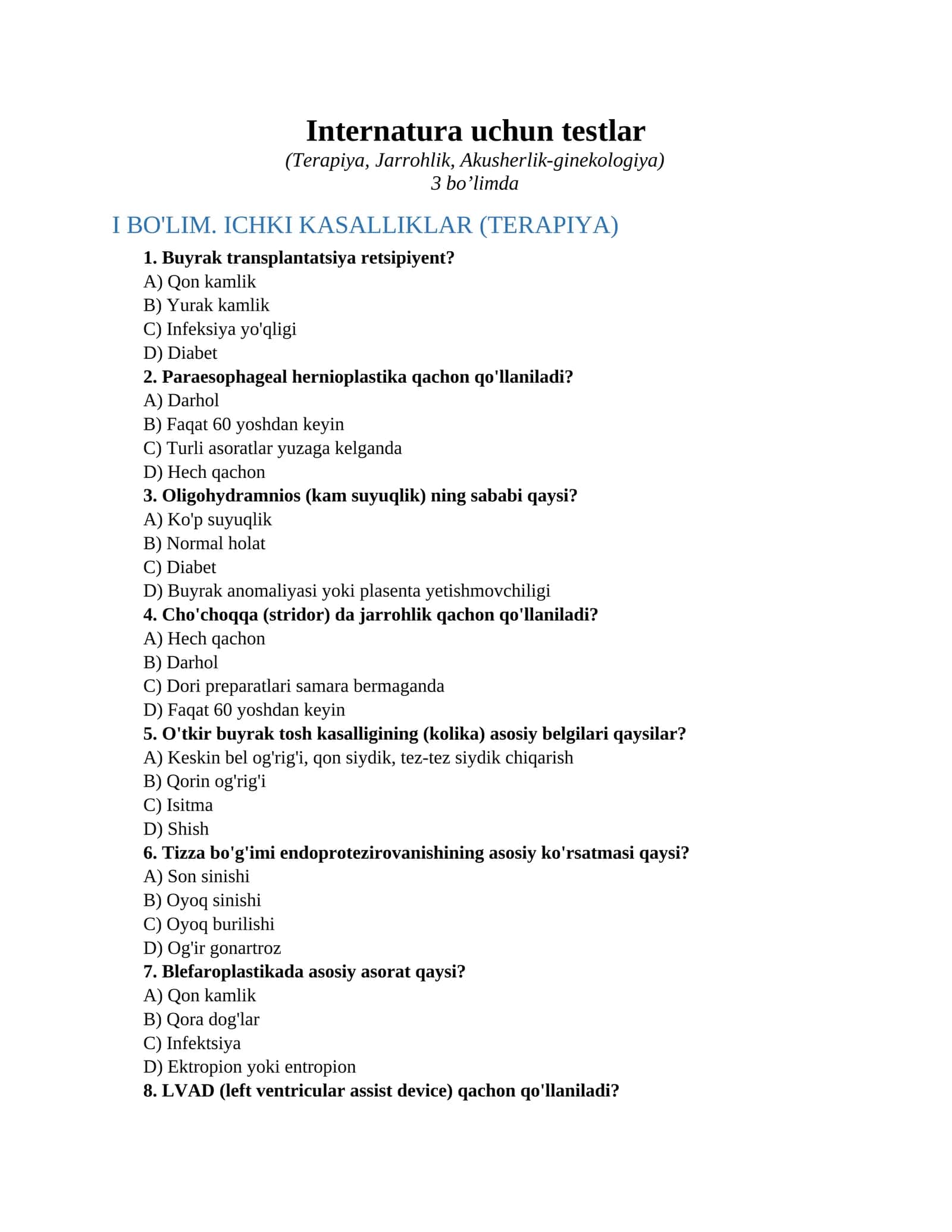 Internatura uchun testlar