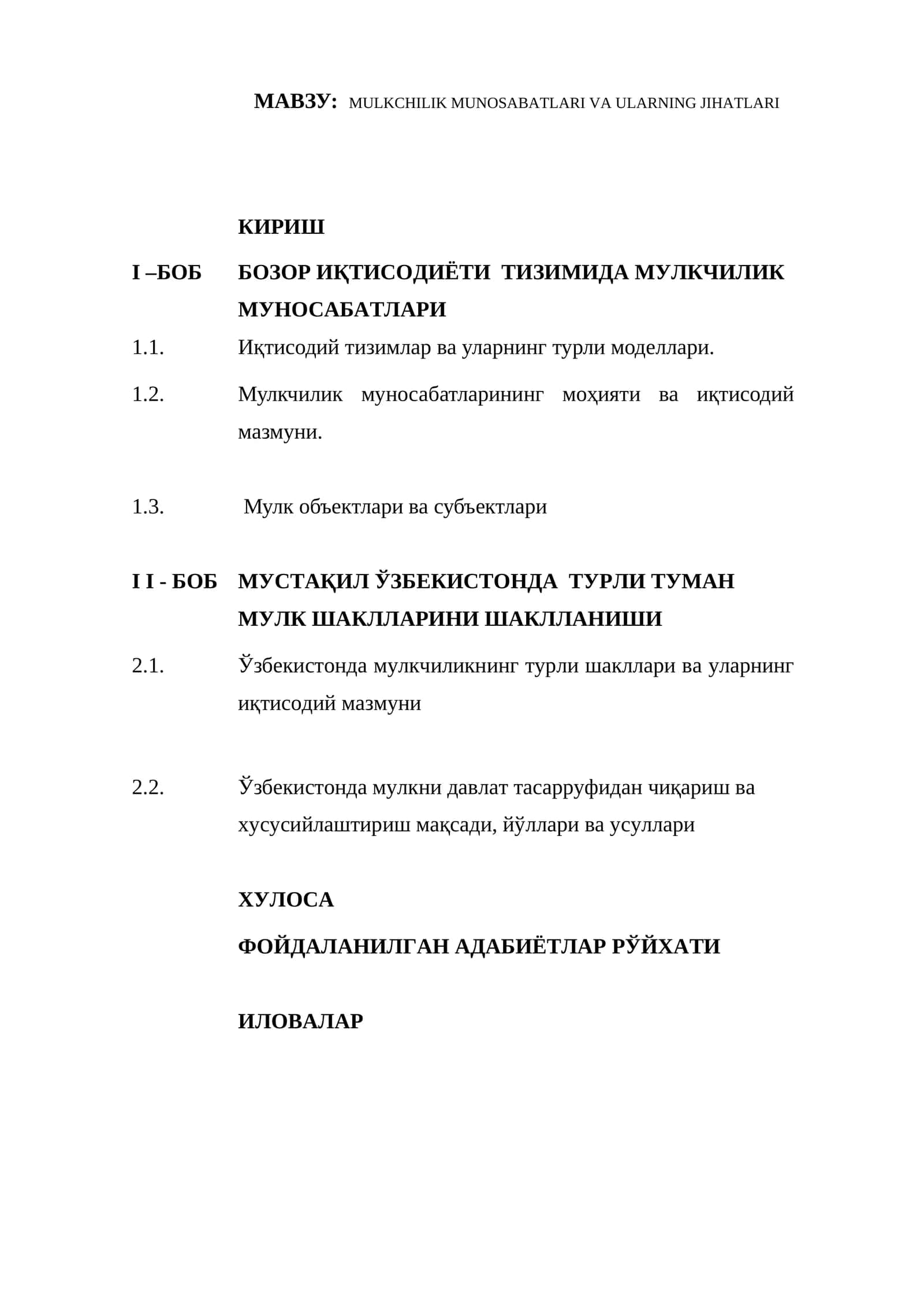 MULKCHILIK MUNOSABATLARI VA ULARNING JIHATLARI