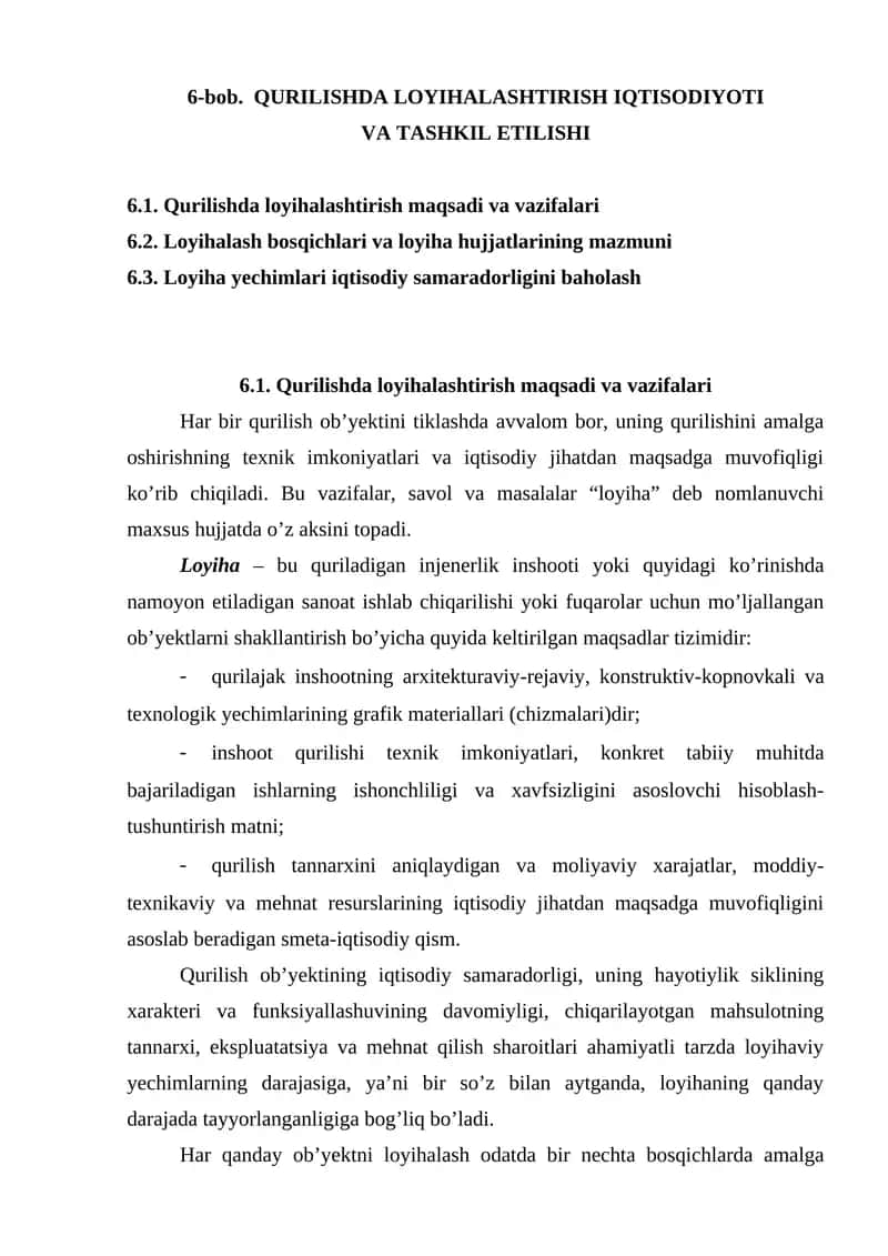 Qurilishda Loyihalashtirish Iqtisodiyoti