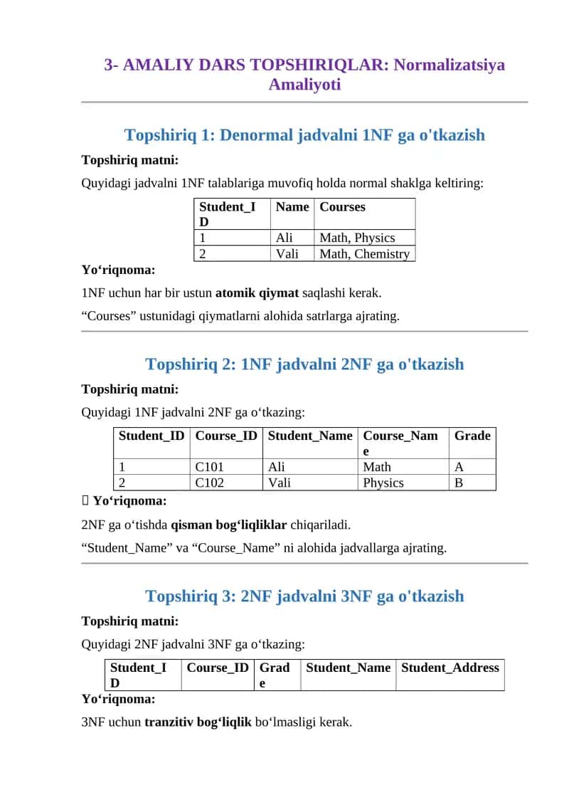 3- AMALIY DARS TOPSHIRIQLAR: Normalizatsiya Amaliyoti