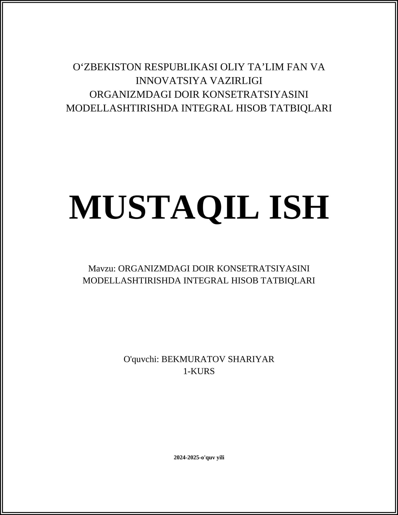ORGANIZMDAGI DOIR KONSETRATSIYASINI MODELLASHTIRISHDA INTEGRAL HISOB TATBIQLARI