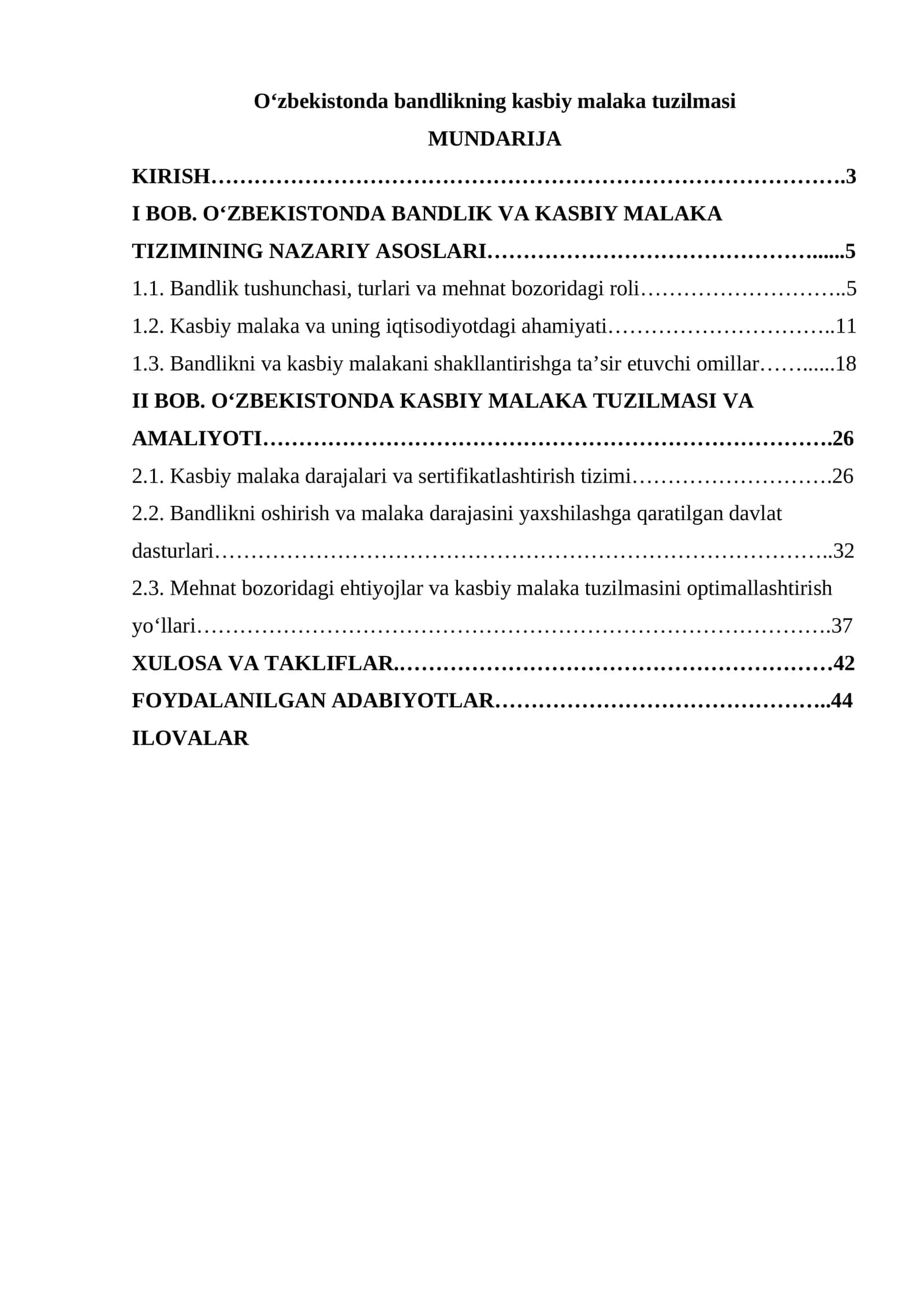 O‘zbekistonda bandlikning kasbiy malaka tuzilmasi
