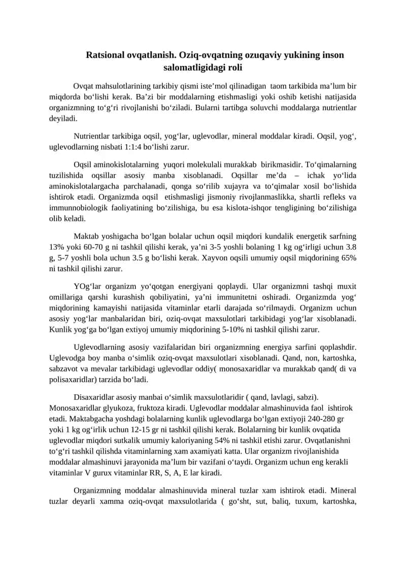 Ratsional ovqatlanish. Oziq-ovqatning ozuqaviy yukining inson salomatligidagi roli