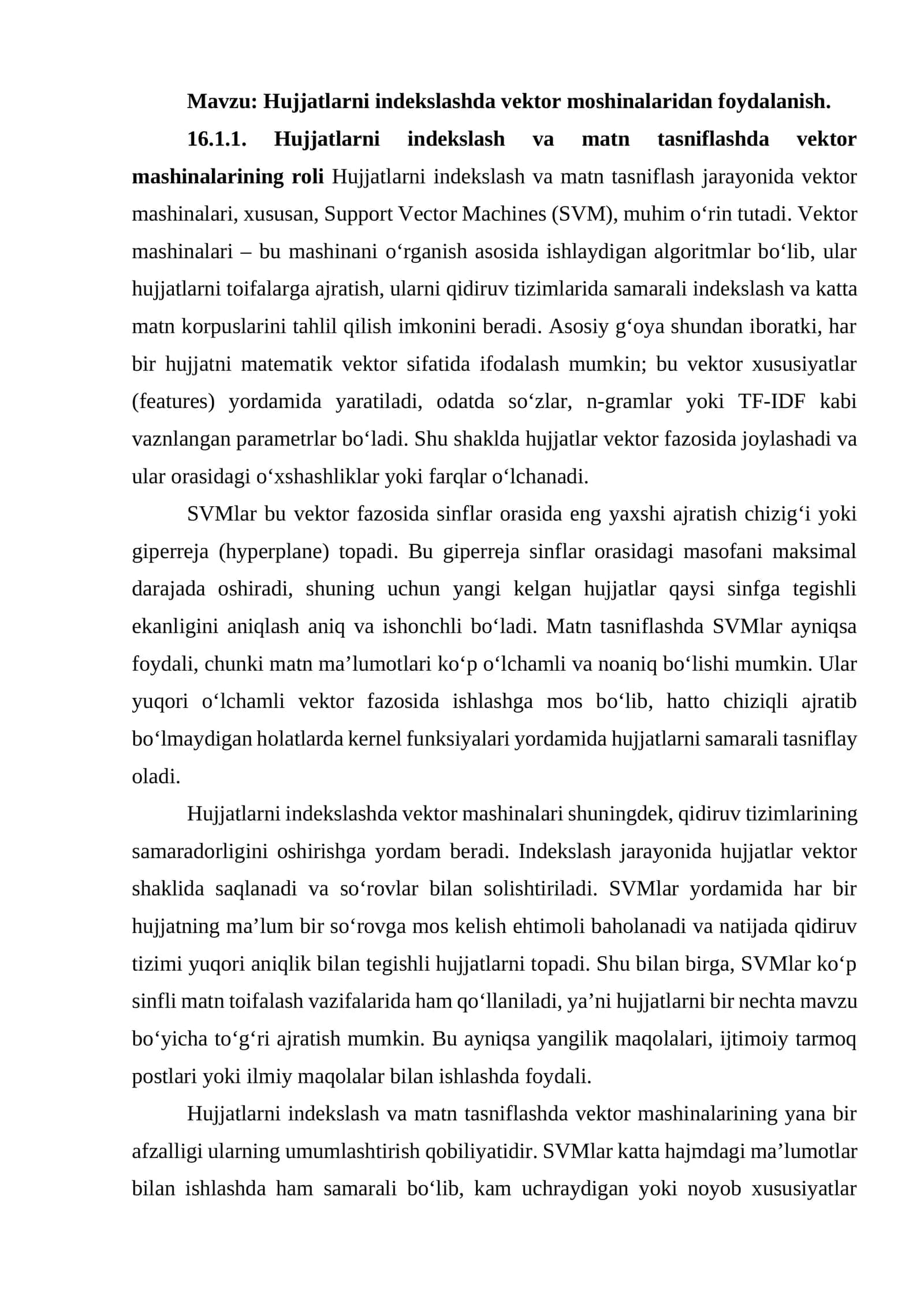 Hujjatlarni indekslashda vektor moshinalaridan foydalanish