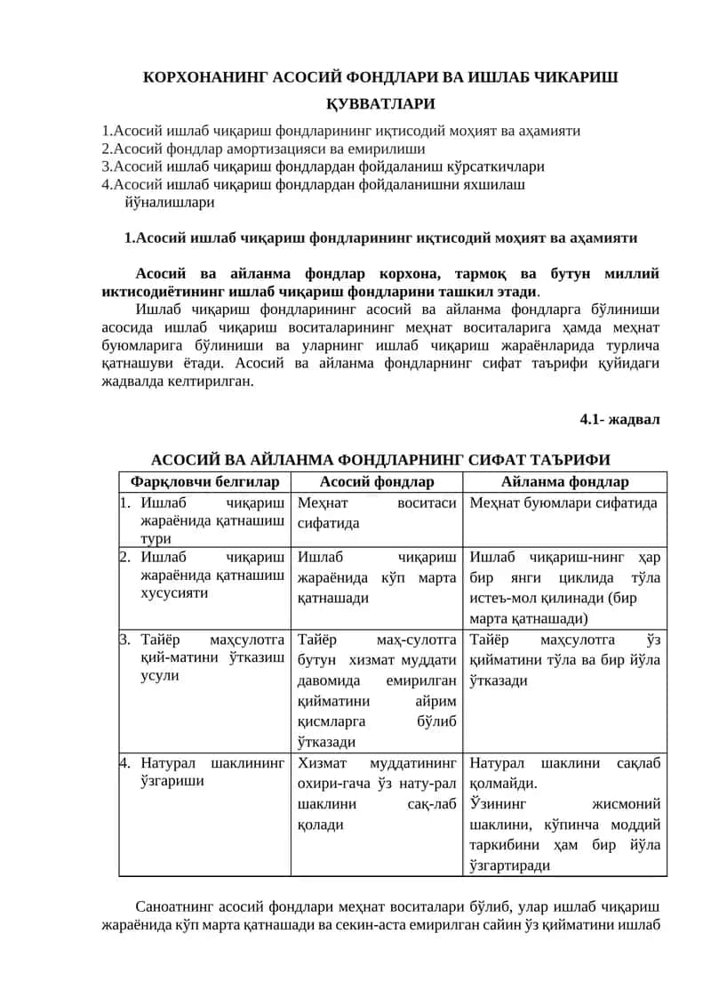 Асосий ишлаб чиқариш фондлари ва ишлаб чиқариш қувватлари