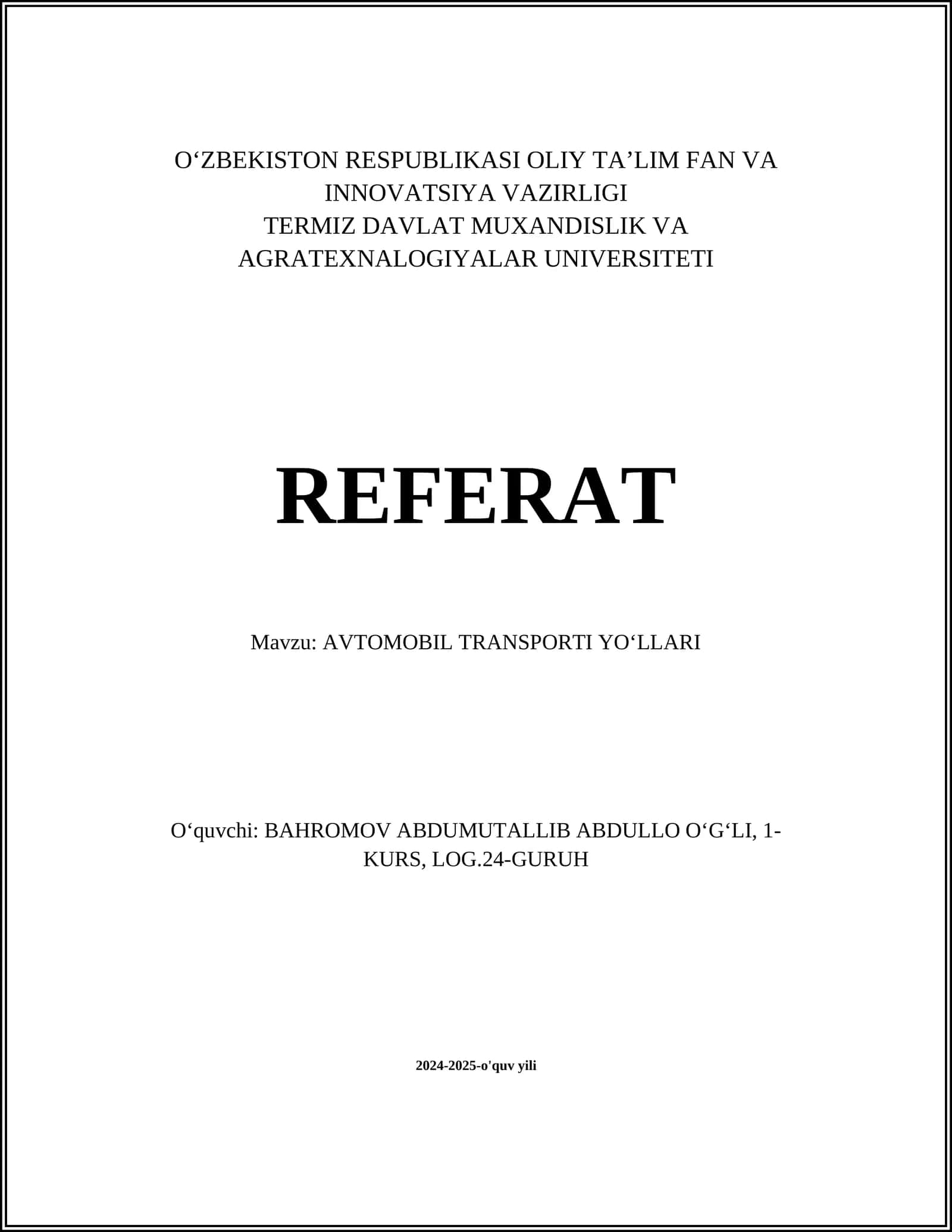 AVTOMOBIL TRANSPORTI YOʻLLARI