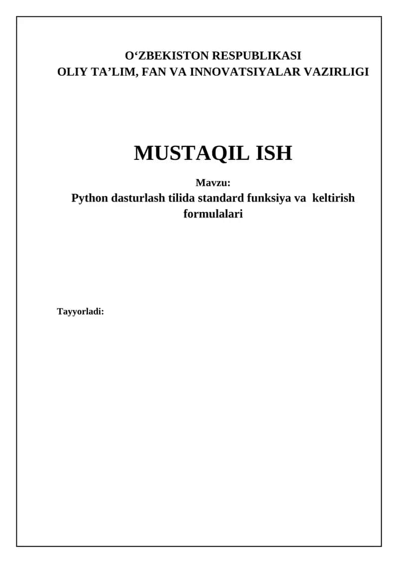 Python dasturlash tilida standard funksiya va keltirish formulalari