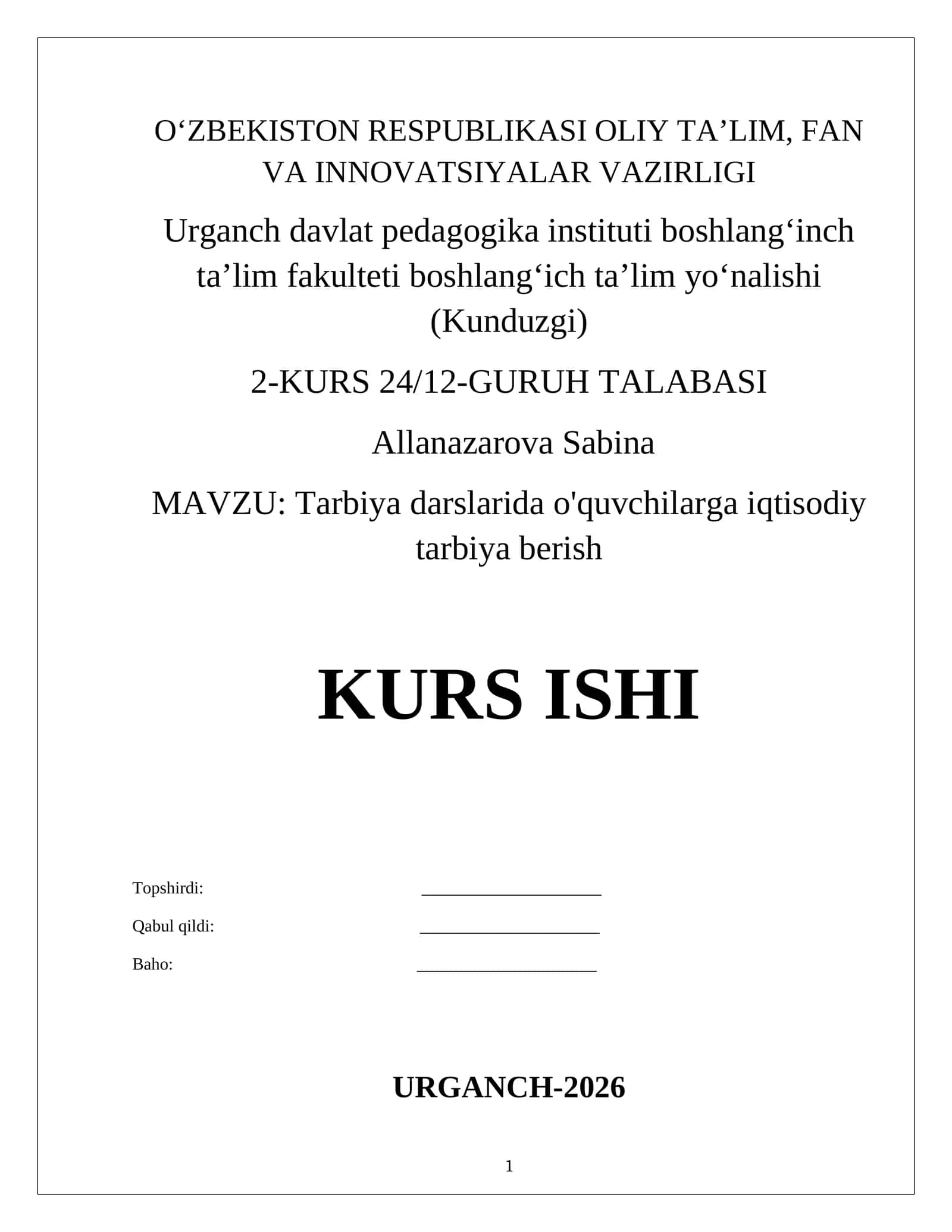 Tarbiya darslarida o'quvchilarga iqtisodiy tarbiya berish