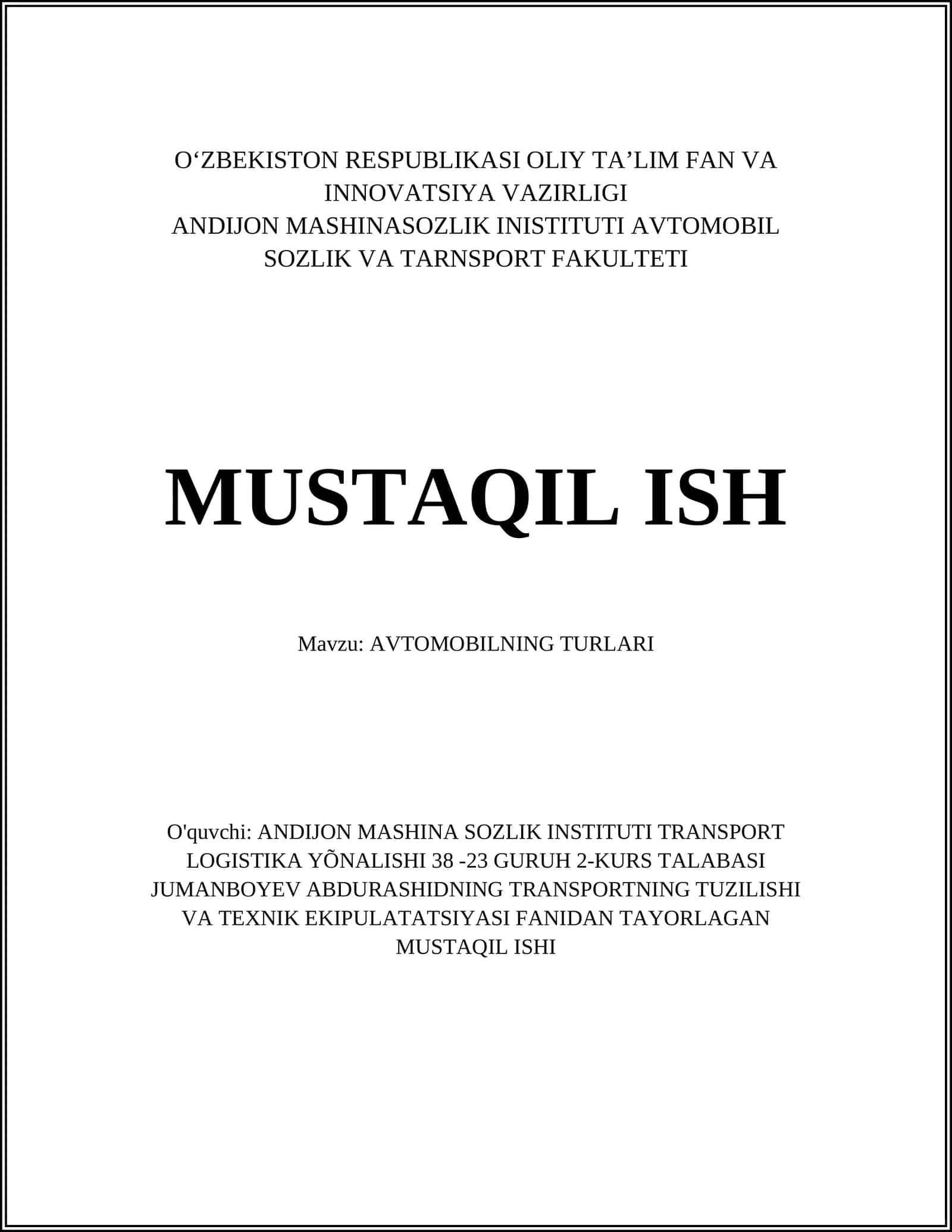 AVTOMOBILNING TURLARI