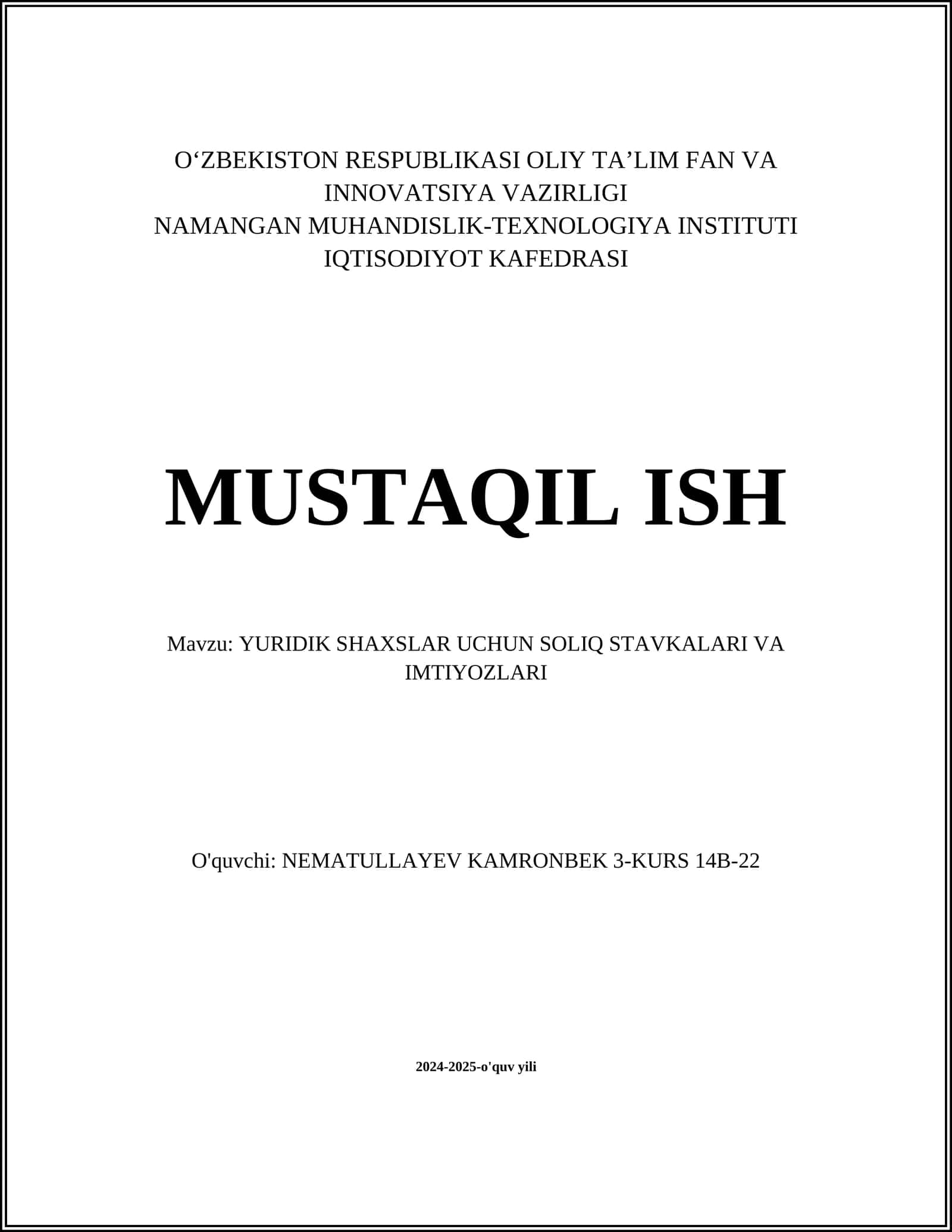 YURIDIK SHAXSLAR UCHUN SOLIQ STAVKALARI VA IMTIYOZLARI