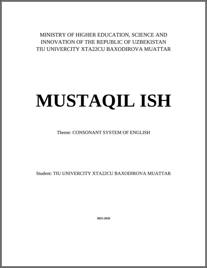 Theme: CONSONANT SYSTEM OF ENGLISH