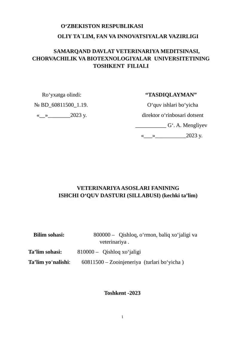 VETERINARIYA ASOSLARI FANINING ISHCHI O‘QUV DASTURI (SILLABUSI)