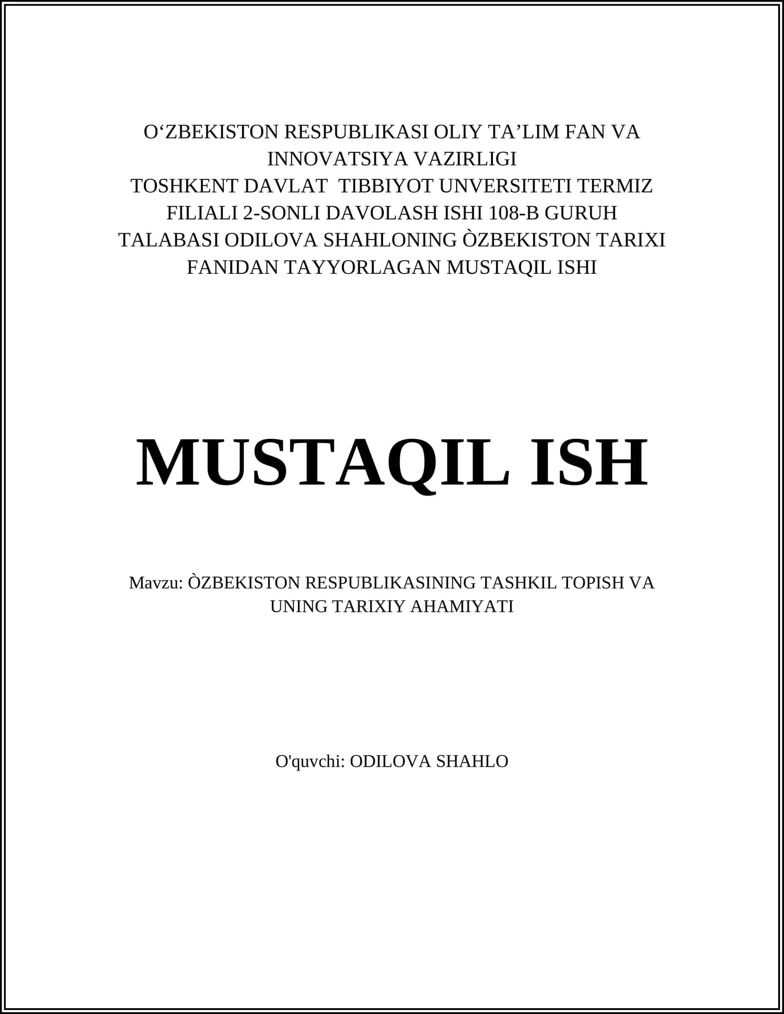 ÒZBEKISTON RESPUBLIKASINING TASHKIL TOPISH VA UNING TARIXIY AHAMIYATI