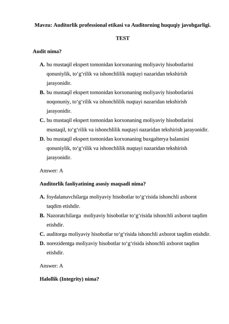 Auditorlik professional etikasi va Auditorning huquqiy javobgarligi
