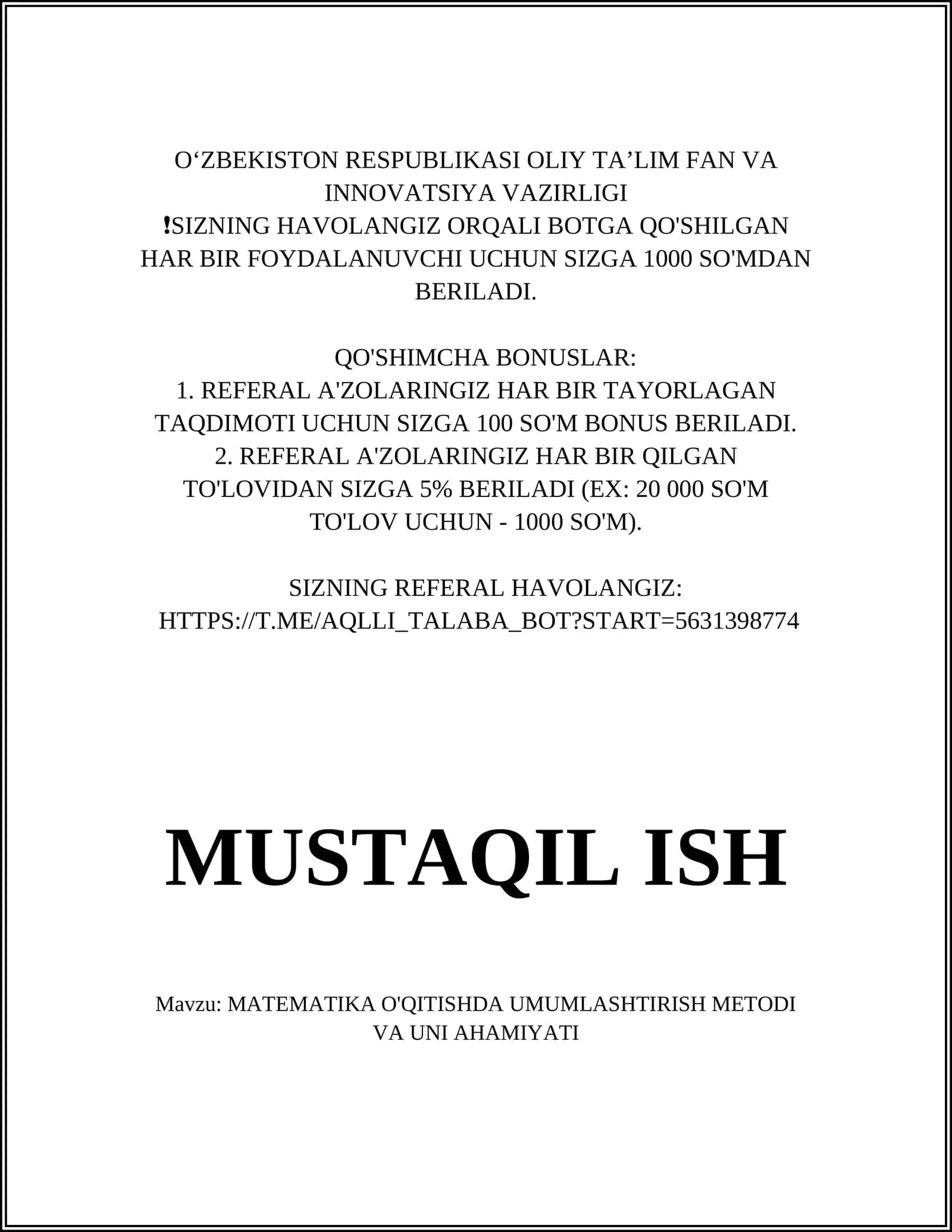Mavzu: Matematika o'qitishda umumlashtirish metod va uni ahamiyati
