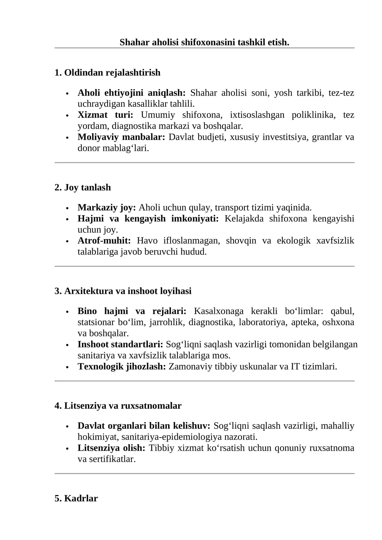 Shahar aholisi shifoxonasini tashkil etish