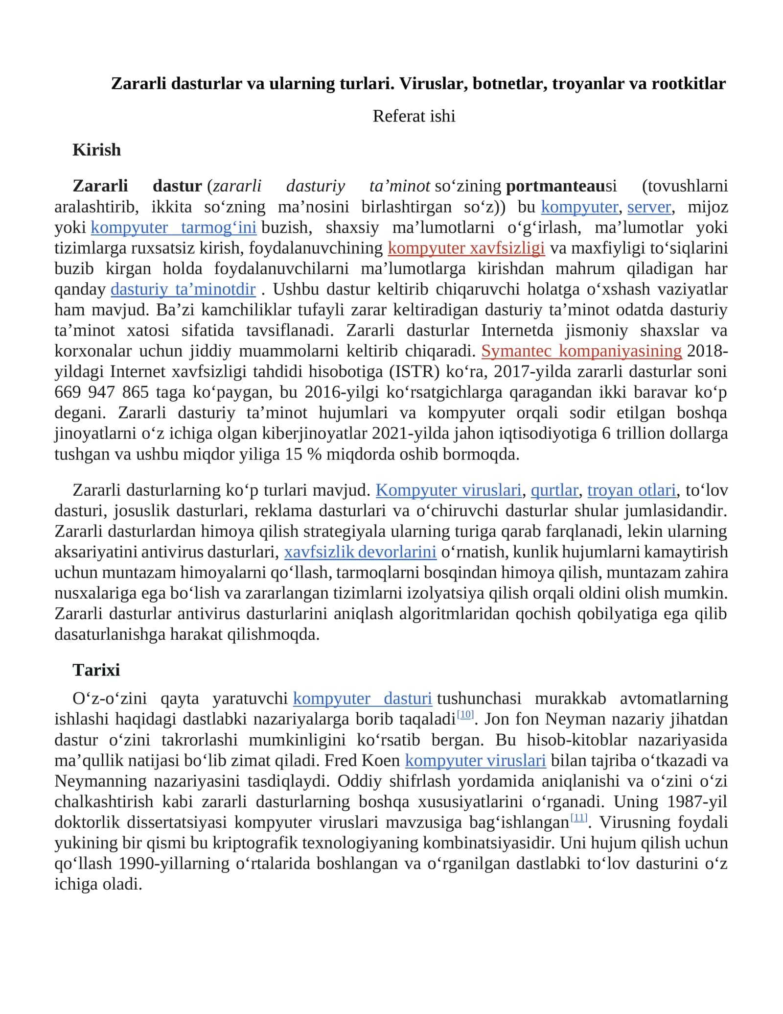 Zararli dasturlar va ularning turlari. Viruslar, botnetlar, troyanlar va rootkitlar