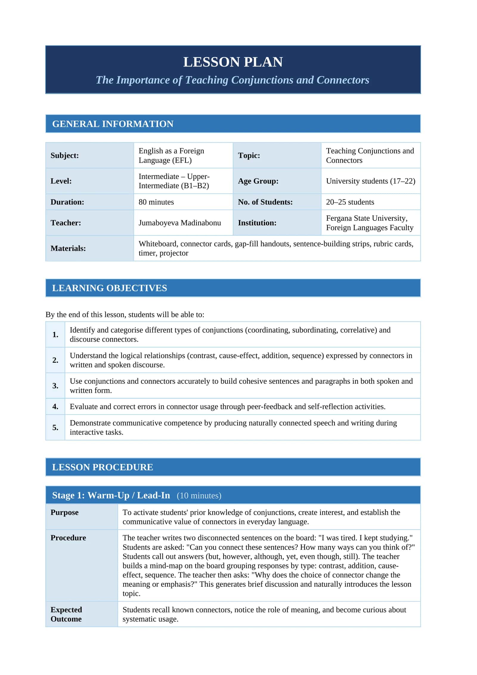 LESSON PLAN: The Importance of Teaching Conjunctions and Connectors