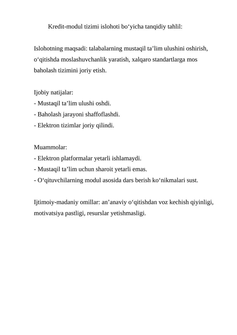 Kredit-modul Tizimi Islohoti Bo‘yicha Tanqidiy Tahlil