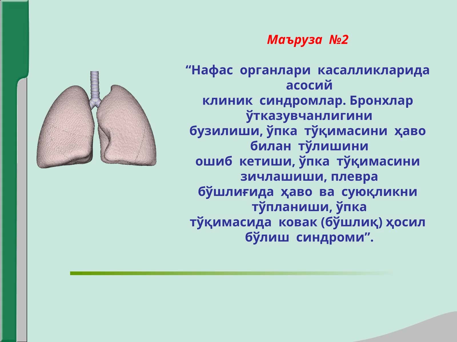 Нафас органлари касалликларида асосий клиник синдромлар. Бронхлар ўтказувчанлигини бузилиши, ўпка тўқимасини ҳаво билан тўлишини оши6 кетиши, ўпка тўқимасини зичлашиши, плевра бўшлиғида ҳаво ва суюқликни тўпланиши, ўпка тўқимасида ковак (бўшлиқ) ҳосил бўлиш синдроми