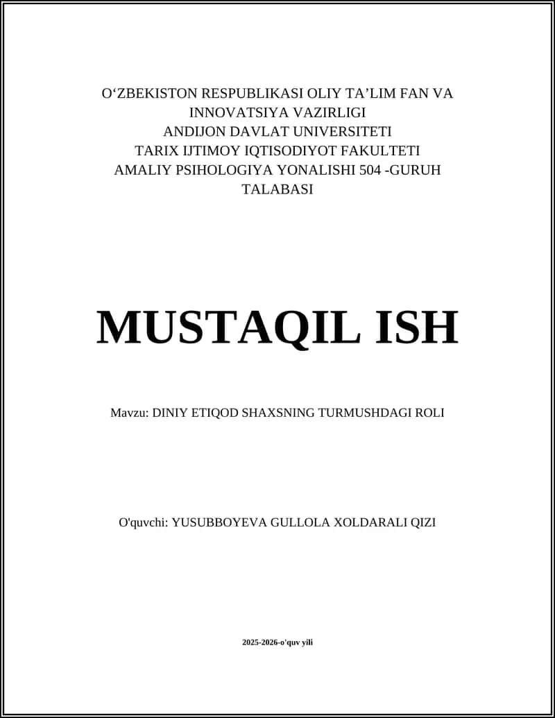 DINIY ETIQOD SHAXSNING TURMUSHDAGI ROLI