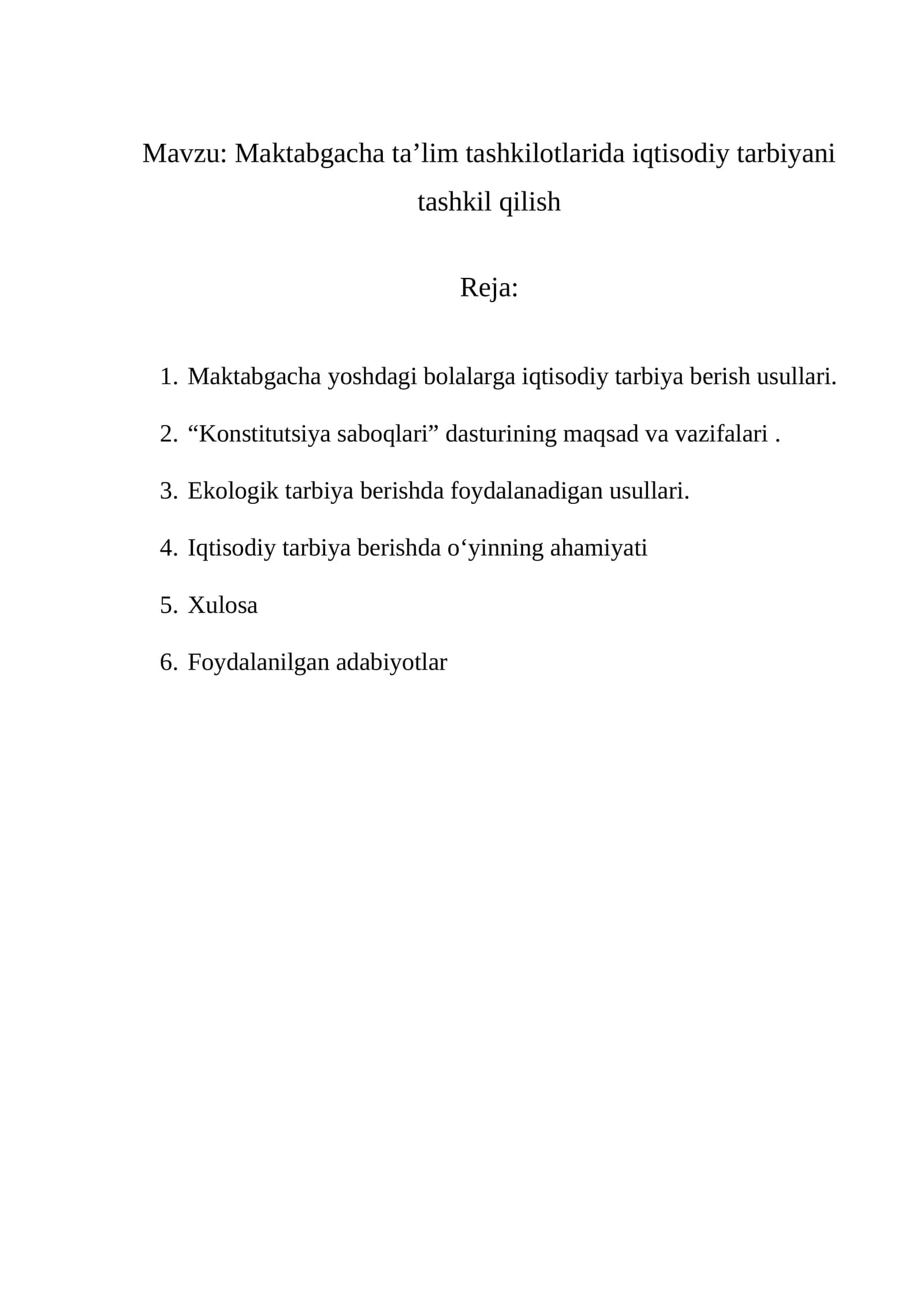 Maktabgacha ta’lim tashkilotlarida iqtisodiy tarbiyani tashkil qilish