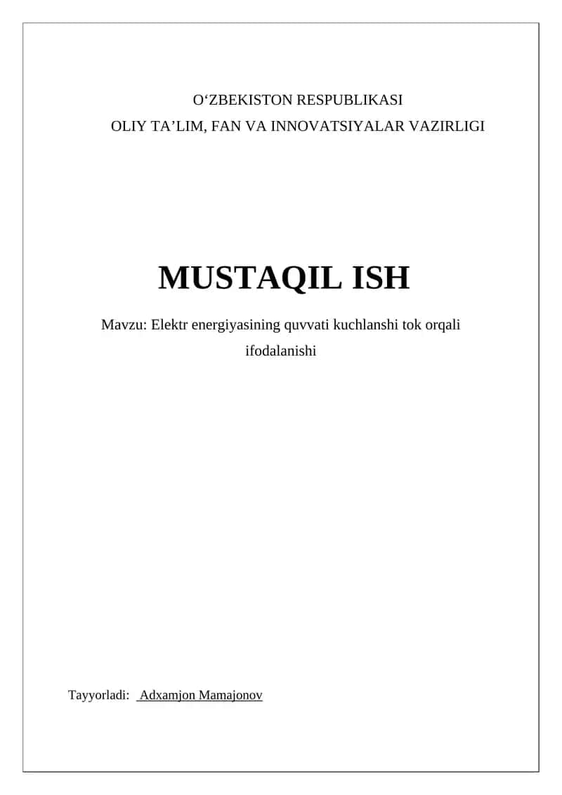Elektr energiyasining quvvati kuchlanshi tok orqali ifodalanishi