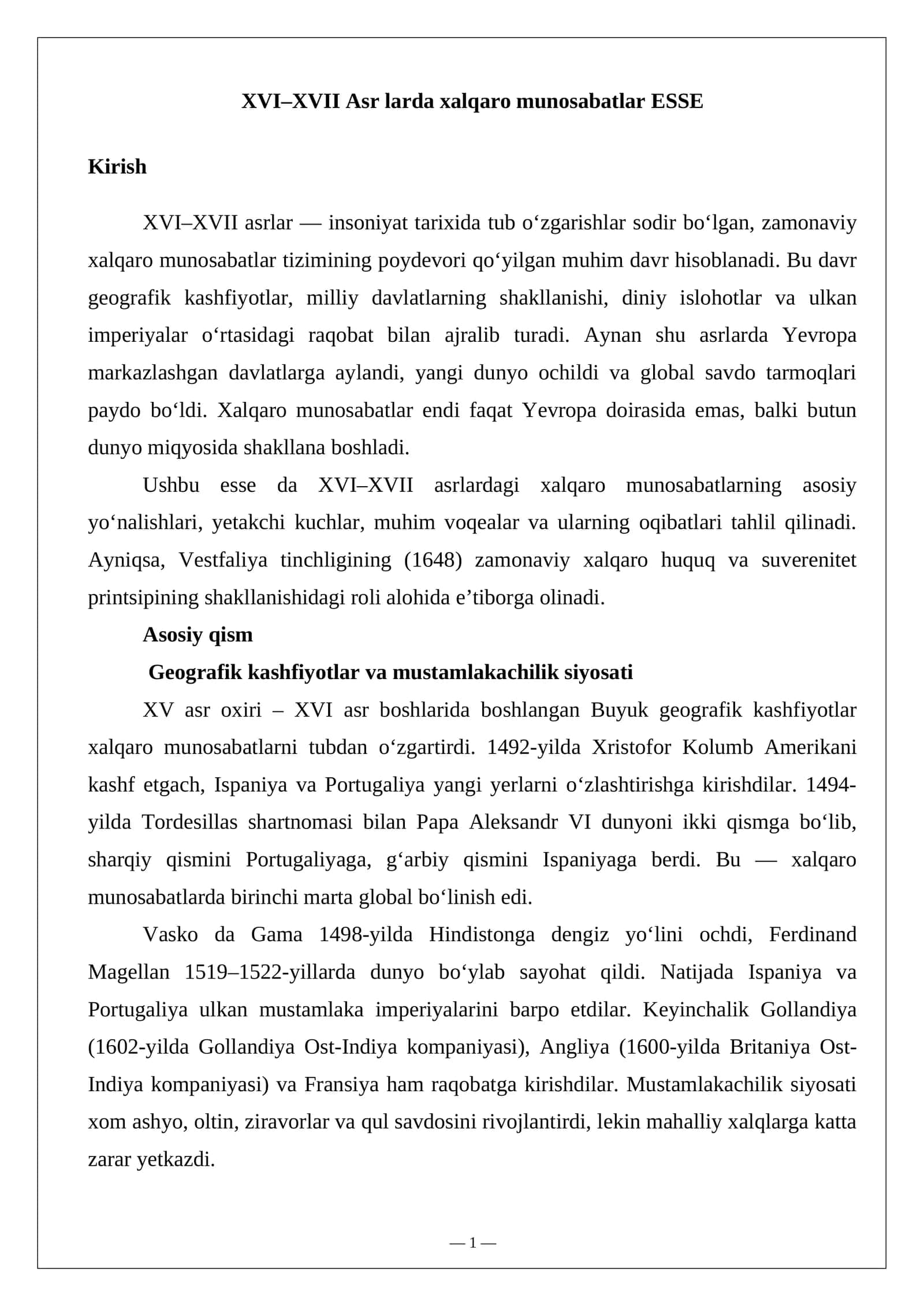 XVI–XVII Asr larda xalqaro munosabatlar ESSE