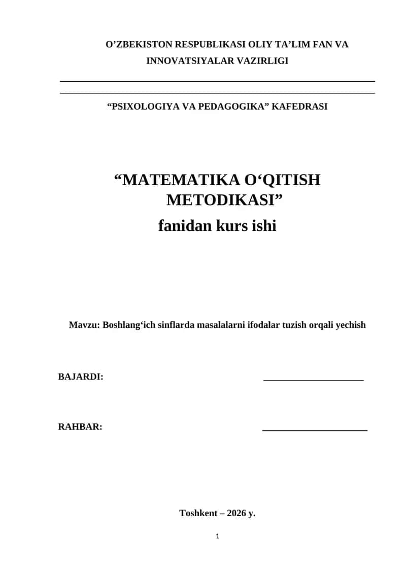 Boshlang‘ich sinflarda masalalarni ifodalar tuzish orqali yechish