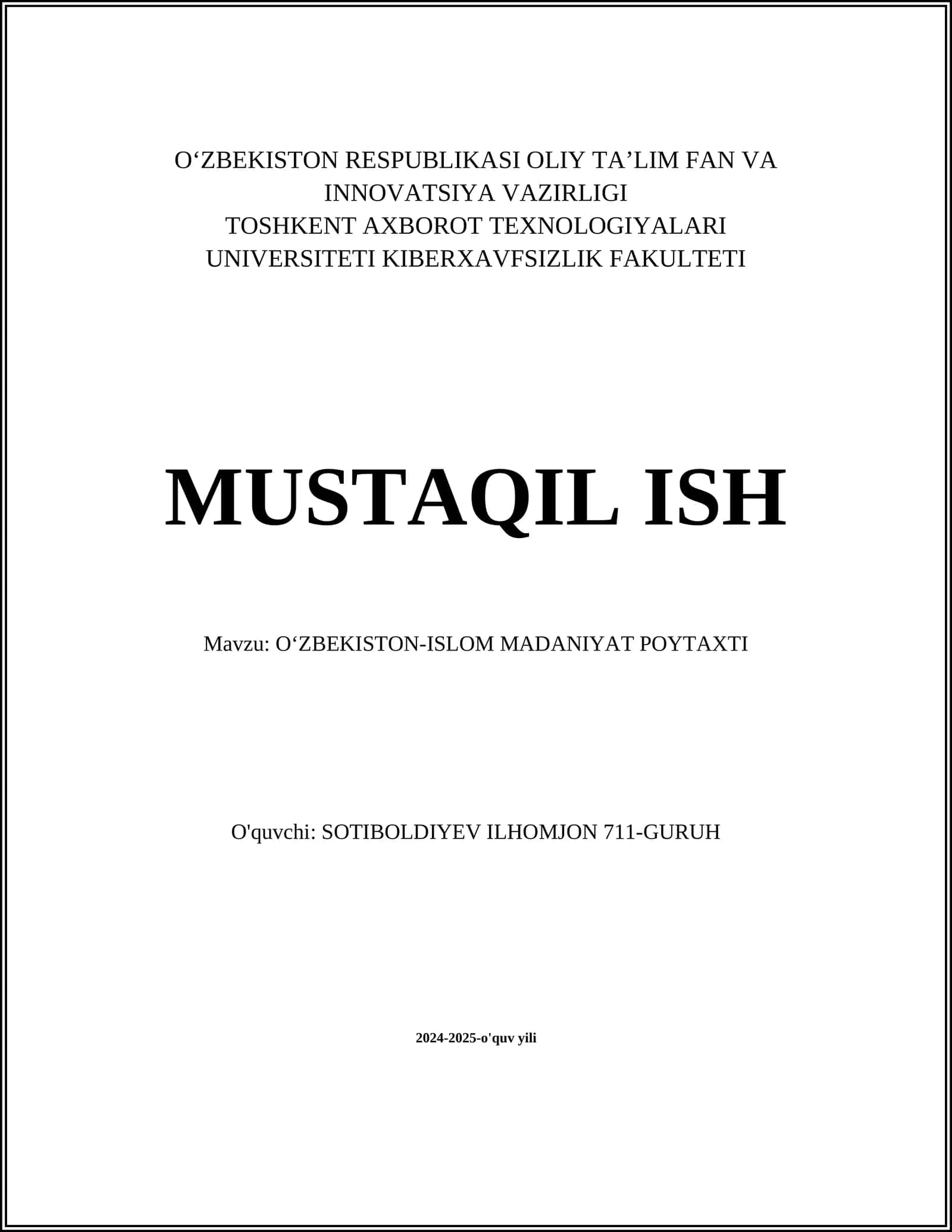 Mavzu: OʻZBEKISTON-ISLOM MADANIYAT POYTAXTI