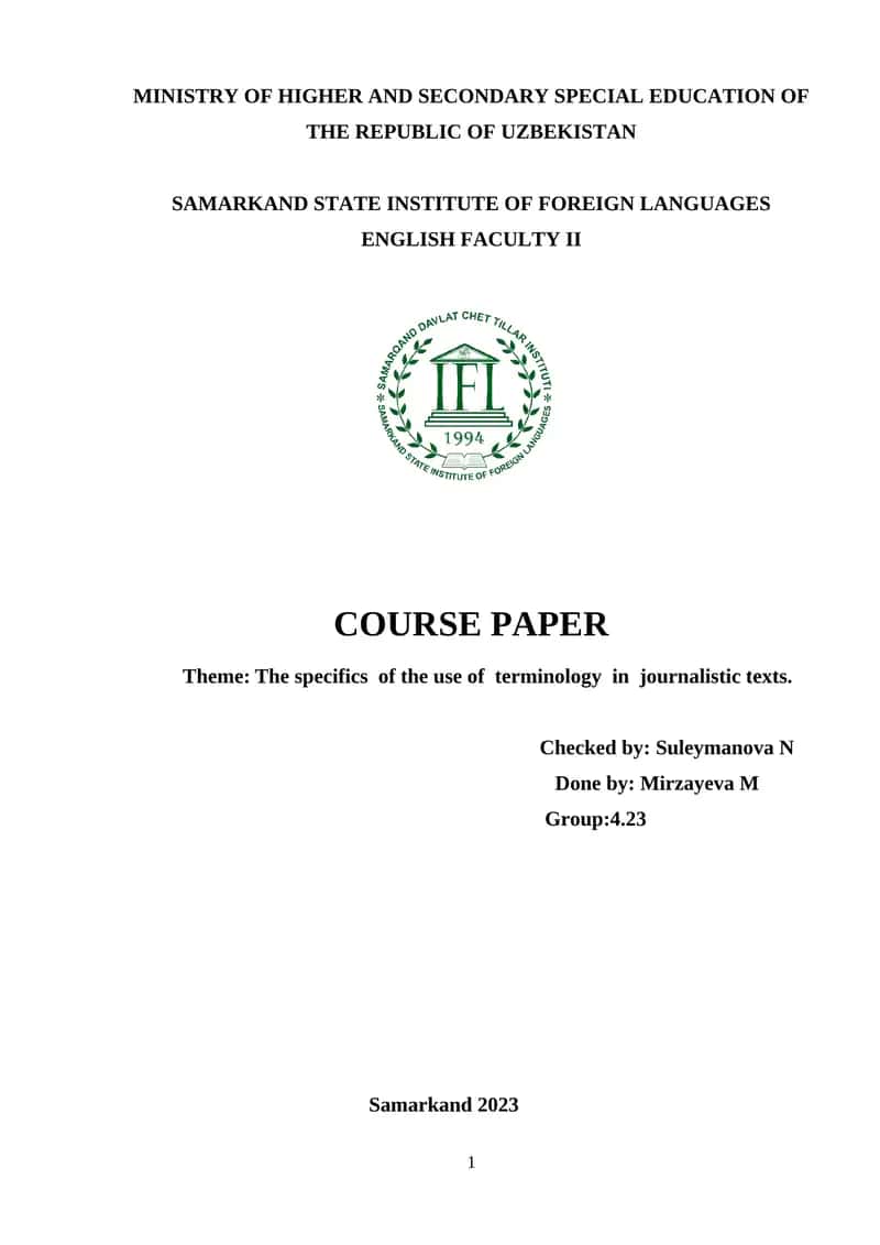 Course Paper on The Specifics of the Use of Terminology in Journalistic Texts