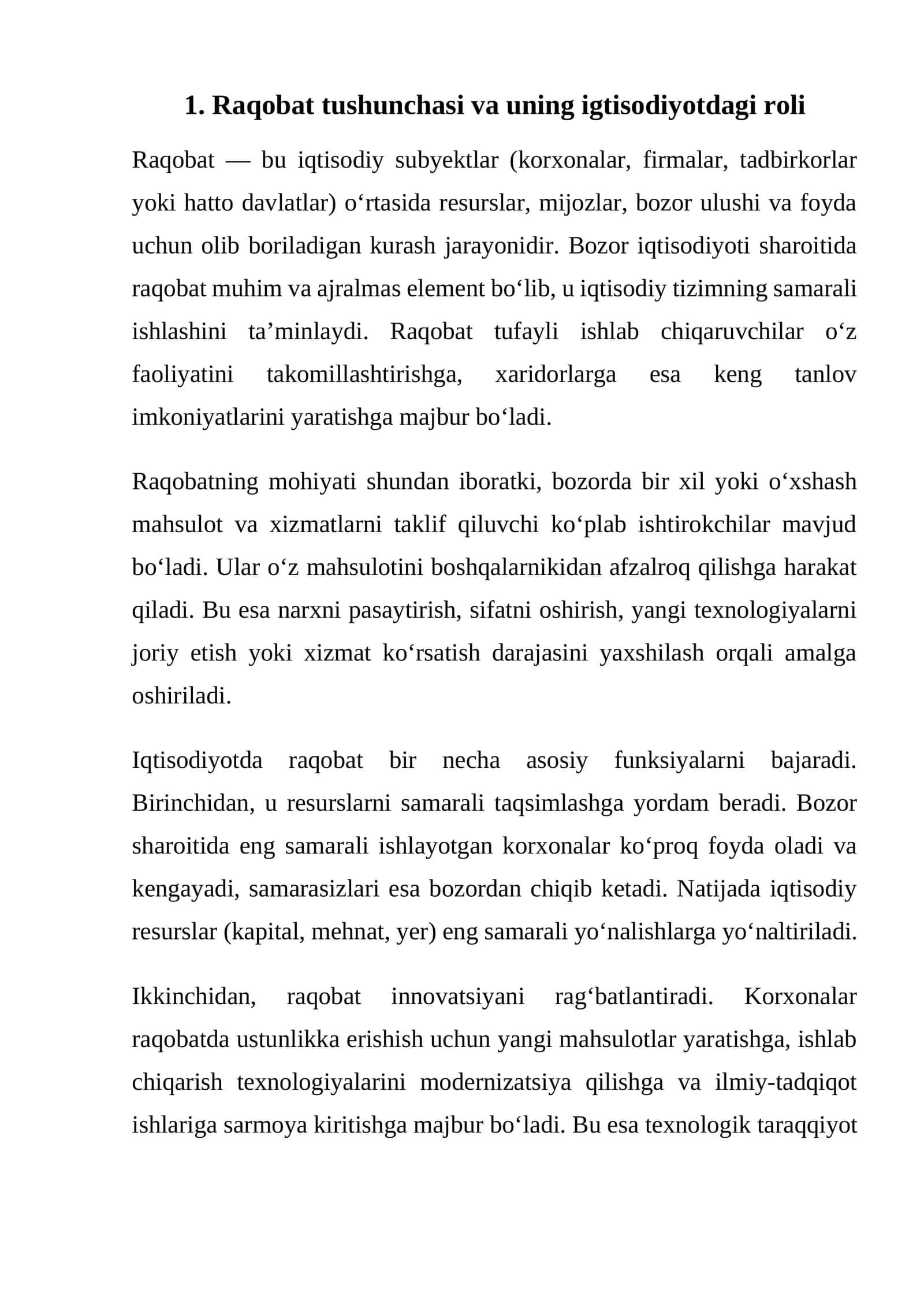 Raqobat tushunchasi va uning igtisodiyotdagi roli