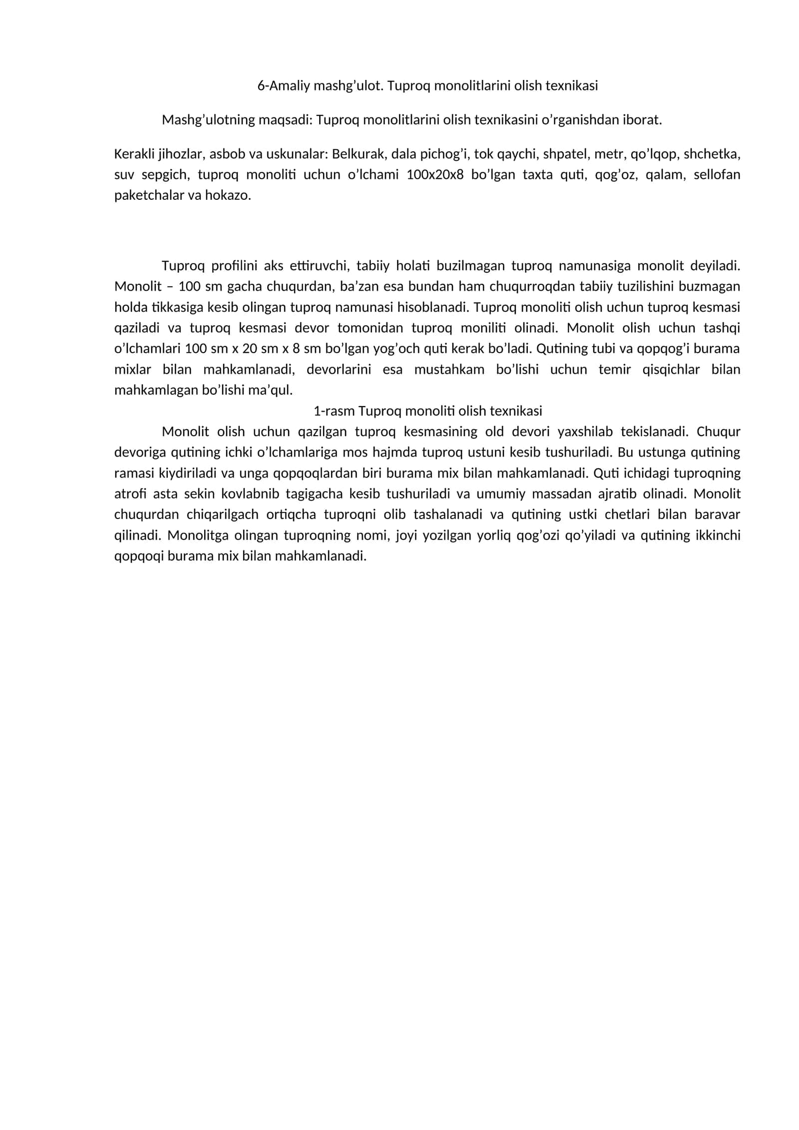 Tuproq monolitlarini olish texnikasi