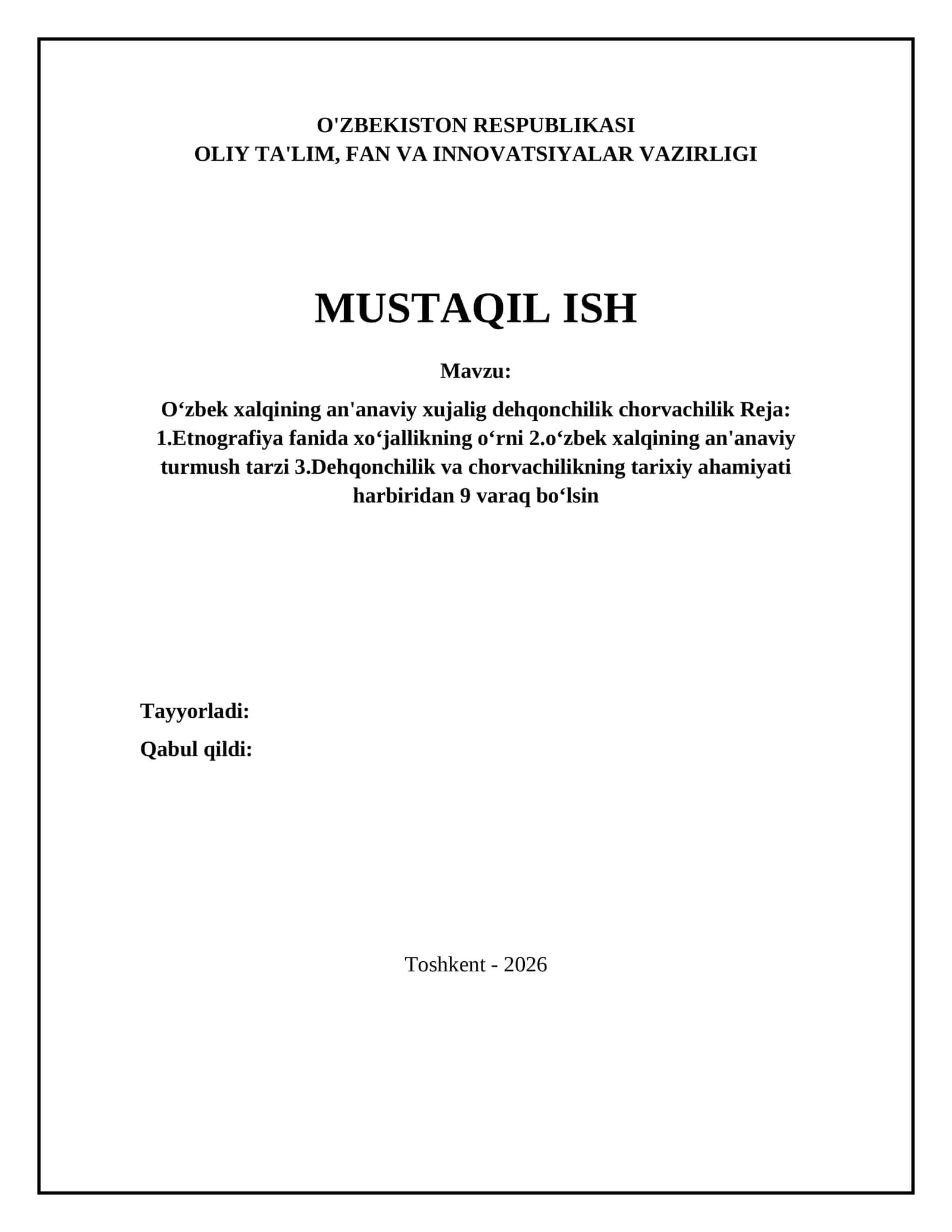 Oʻzbek xalqining an'anaviy xujalig dehqonchilik chorvachilik