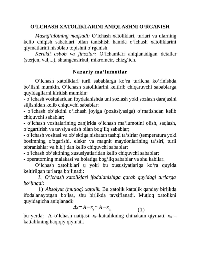 O‘lchash Xatoliklarini Aniqlashni O‘rganish