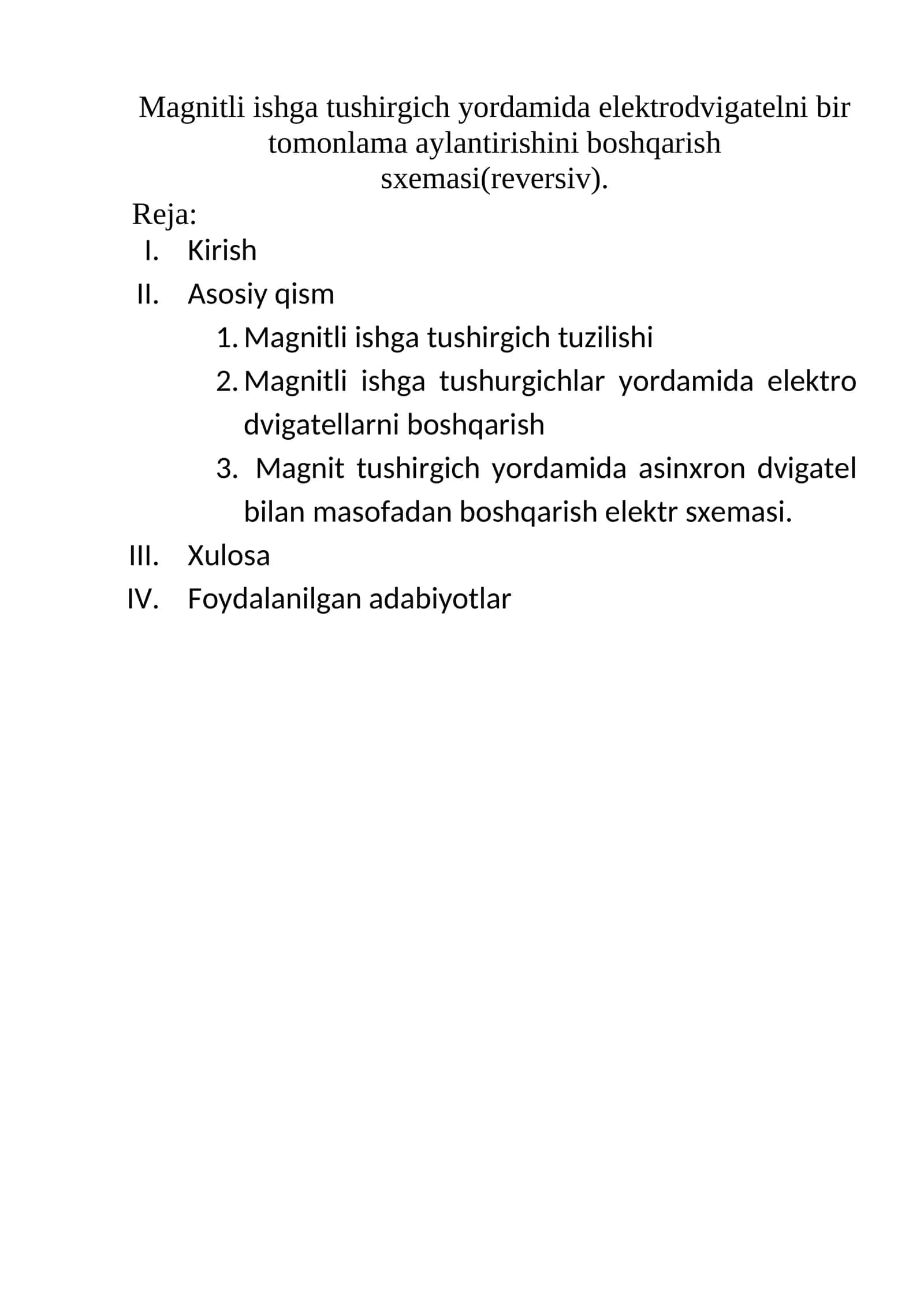 Magnitli ishga tushirgich yordamida elektrodvigatelni bir tomonlama aylantirishini boshqarish sxemasi(reversiv)