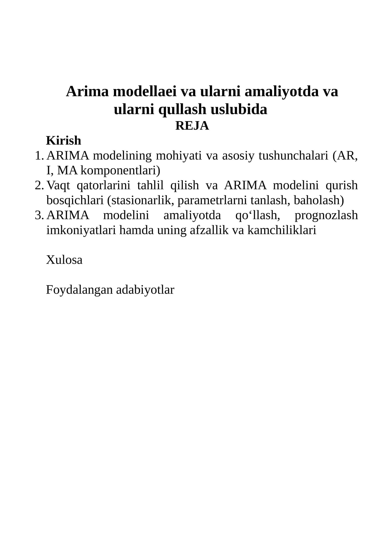 ARIMA model va ularni amaliyotda va ularni qullash uslubida