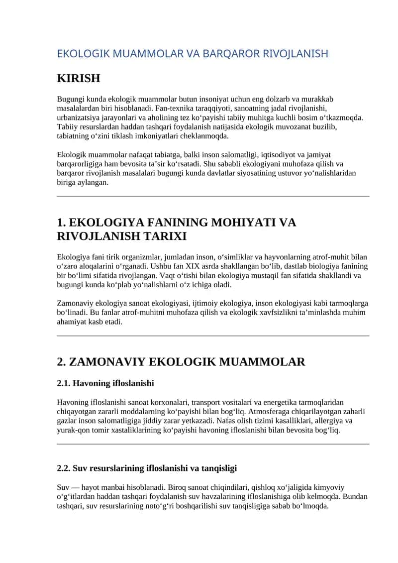 Ekologik muammolar mavzusida referat