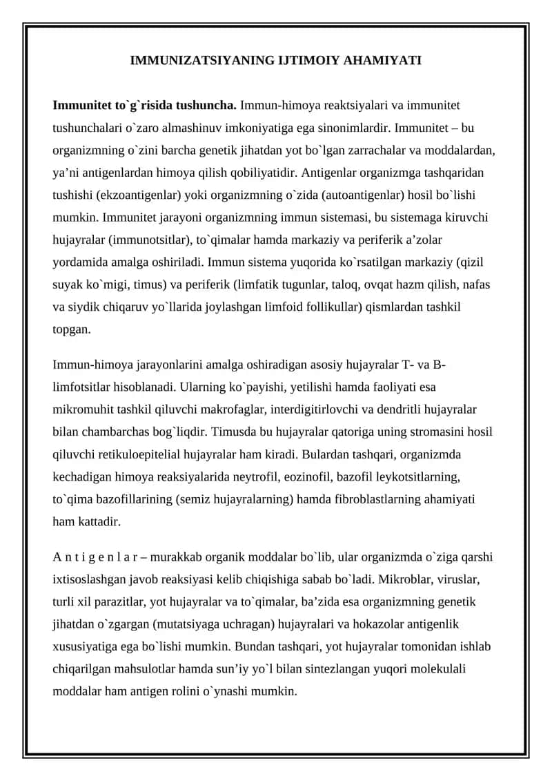 Immunizatsiyani Ijtimoiy Ahamiyati
