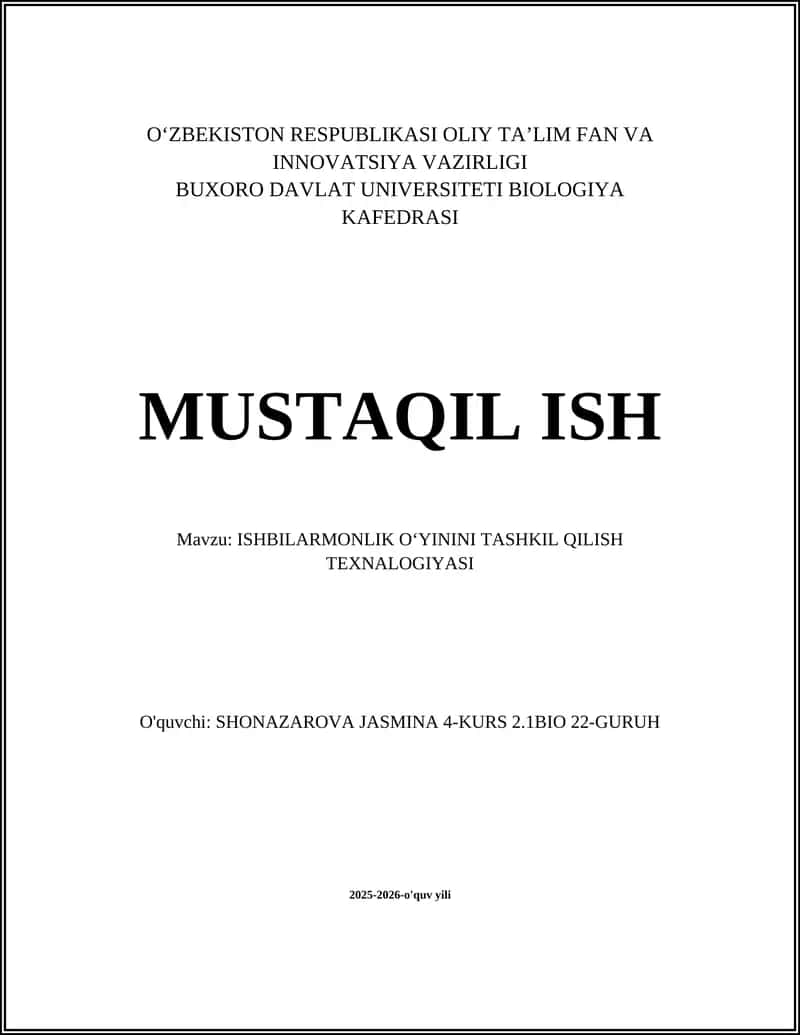 ISHBILARMONLIK OʻYININI TASHKIL QILISH TEXNALOGIYASI