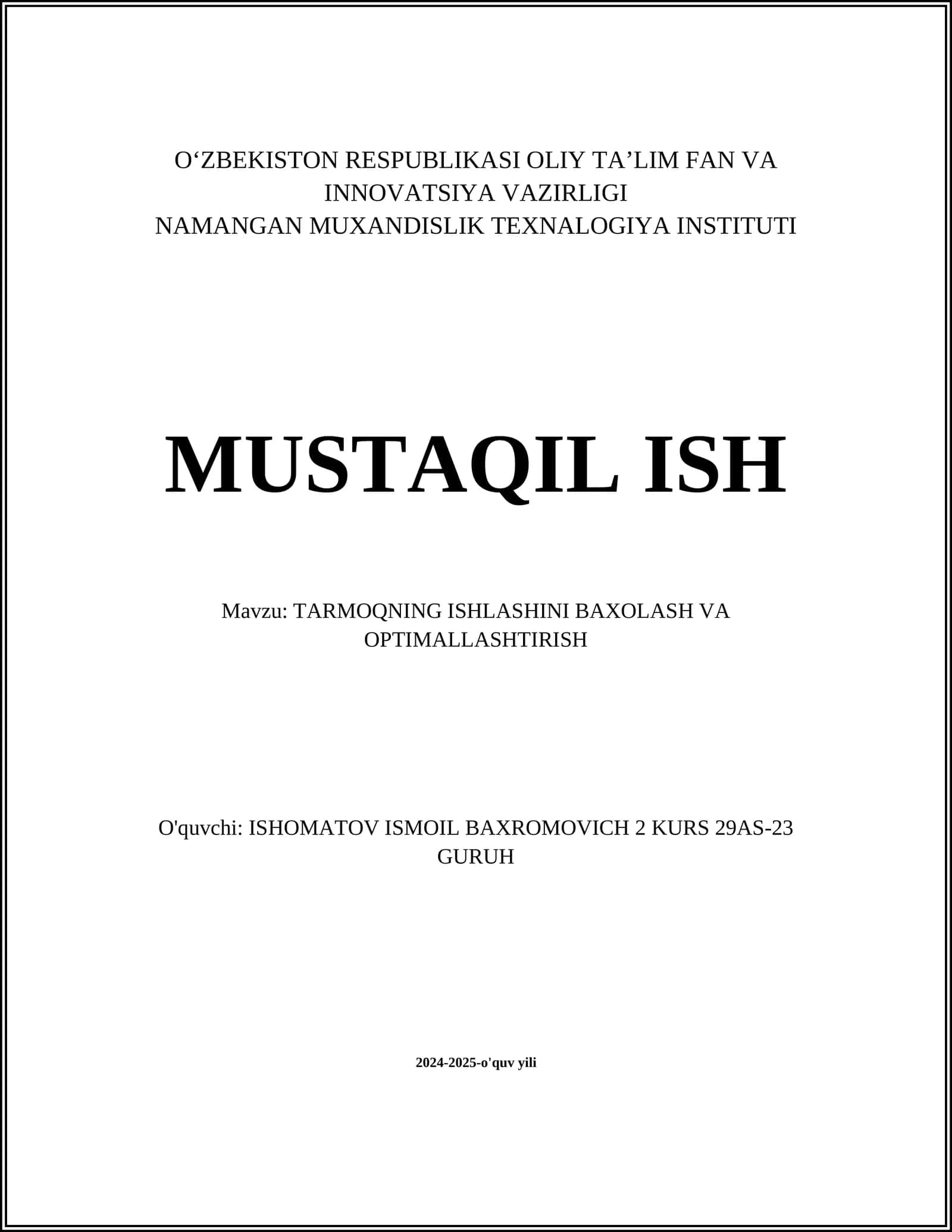 TARMOQNING ISHLASHINI BAXOLASH VA OPTIMALLASHTIRISH