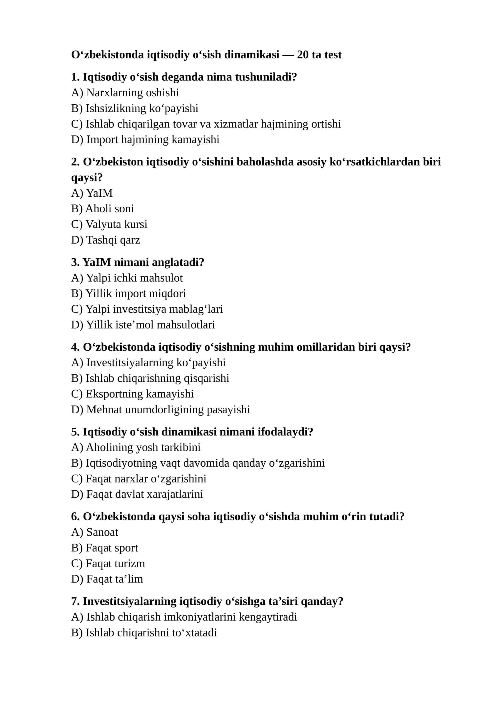 O‘zbekistonda iqtisodiy o‘sish dinamikasi — 20 ta test