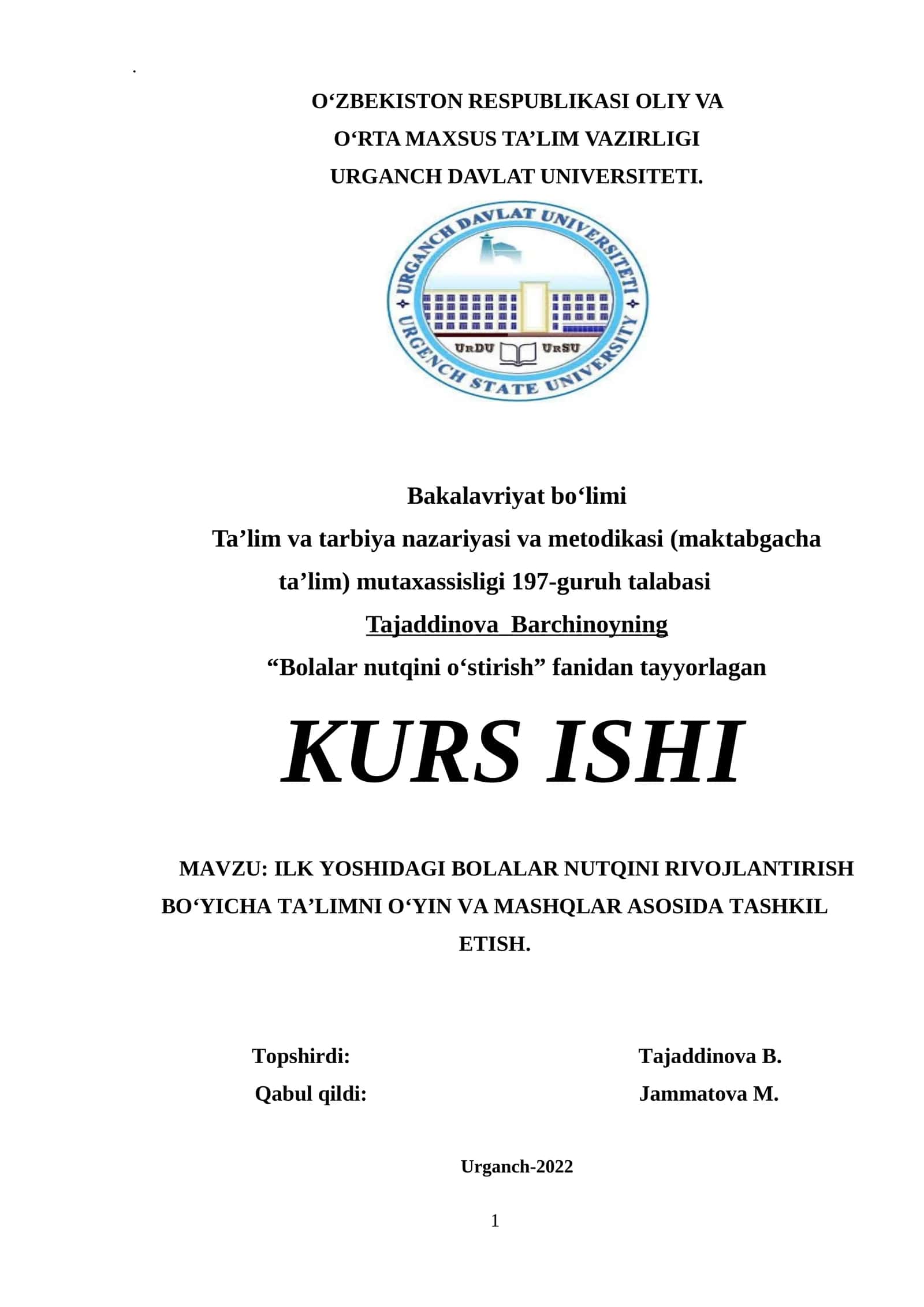 ILK YOSHIDAGI BOLALAR NUTQINI RIVOJLANTIRISH BO‘YICHA TA’LIMNI O‘YIN VA MASHQLAR ASOSIDA TASHKIL ETISH