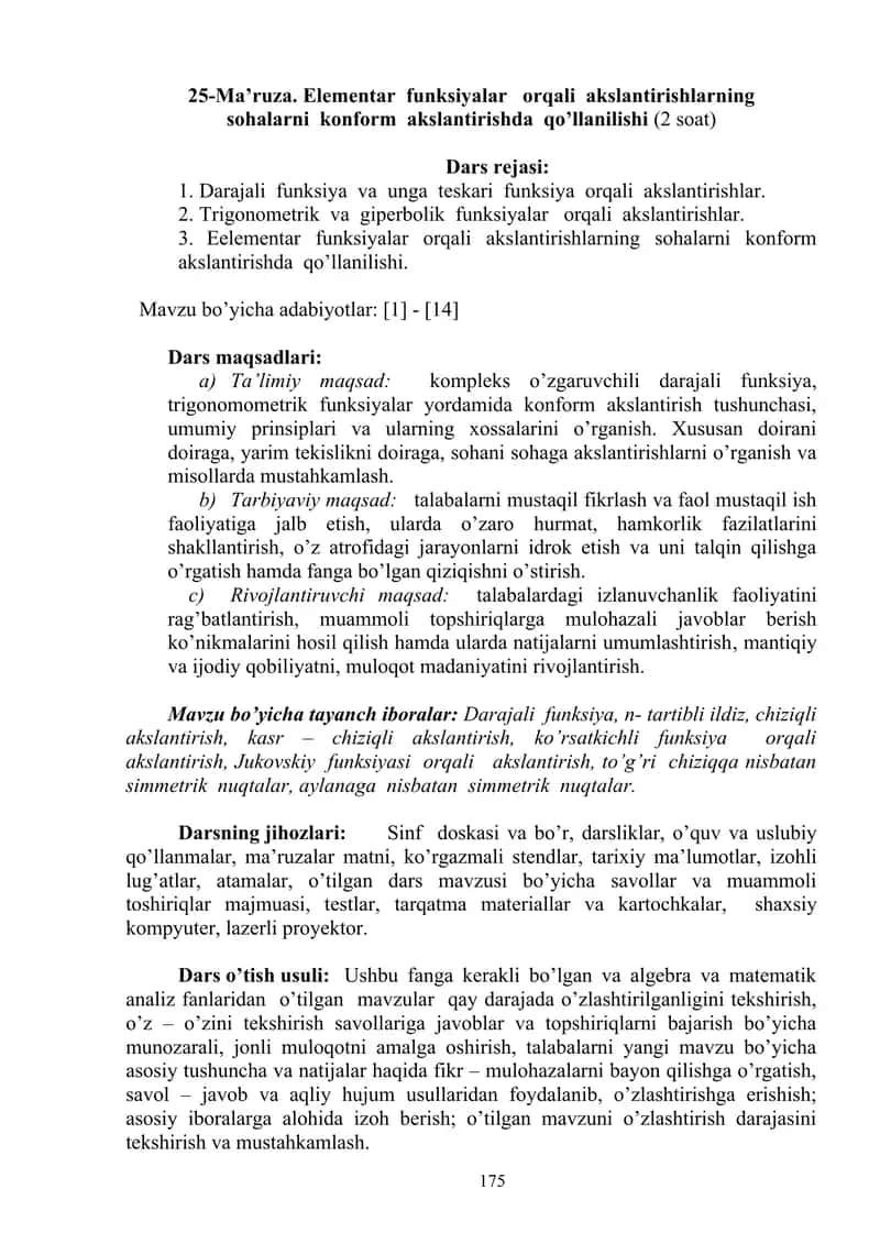 Elementar funksiyalar orqali akslantirishlarning sohalarni konform akslantirish