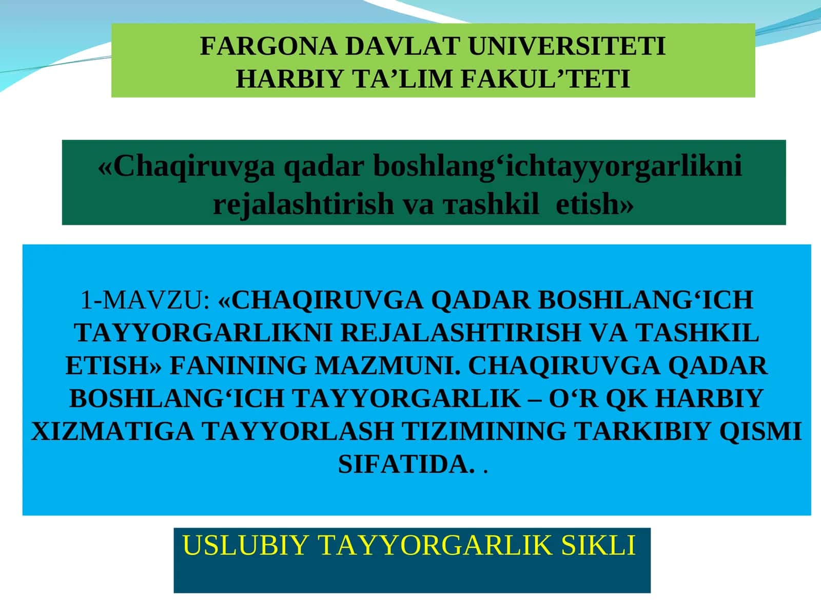 «CHAQIRUVGA QADAR BOSHLANG‘ICH TAYYORGARLIKNI REJALASHTIRISH VA TASHKIL ETISH» FANINING MAZMUNI. CHAQIRUVGA QADAR BOSHLANG‘ICH TAYYORGARLIK – O‘R QK HARBIY XIZMATIGA TAYYORLASH TIZIMINING TARKIBIY QISMI SIFATIDA