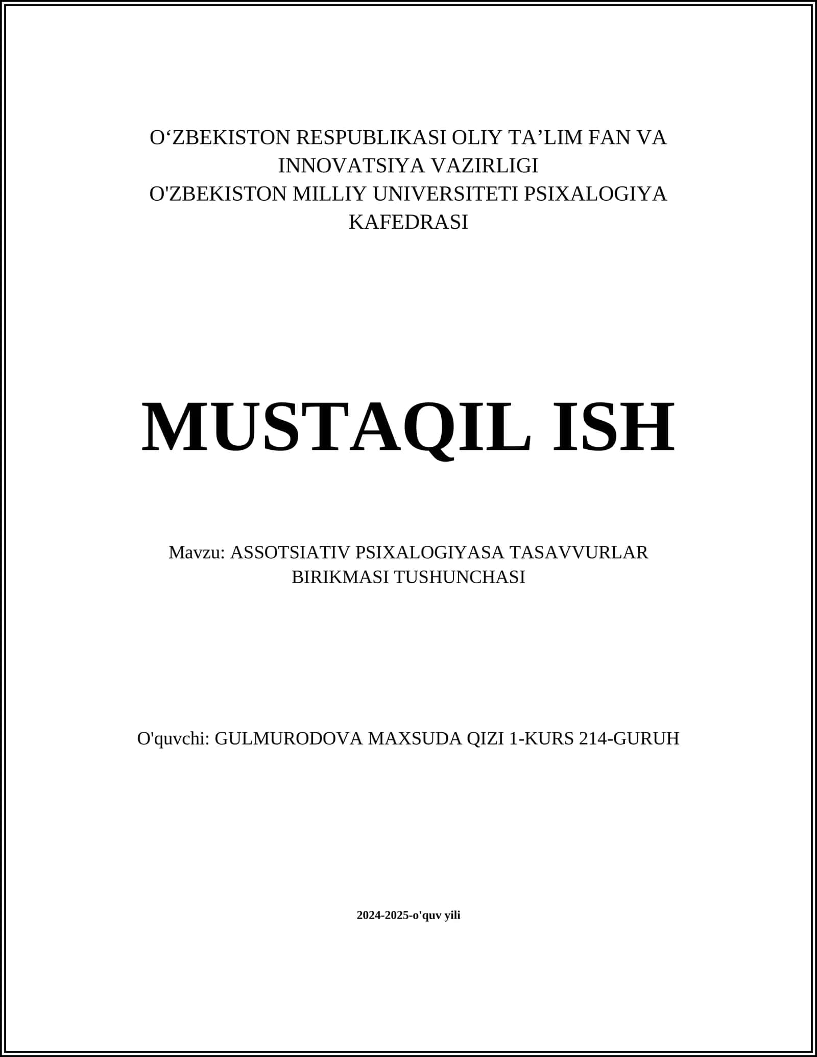 ASSOTSIATIV PSIXALOGIYASA TASAVVURLAR BIRIKMASI TUSHUNCHASI