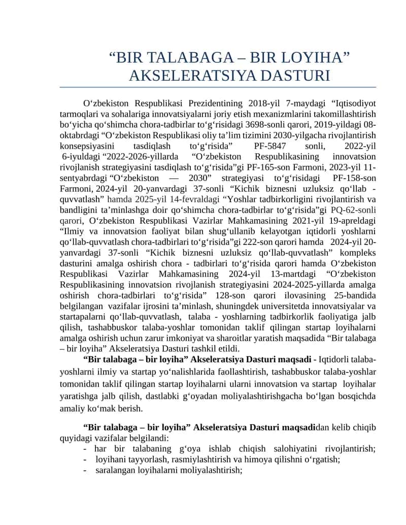 BIR TALABAGA – BIR LOYIHA AKSELERATSIYA DASTURI